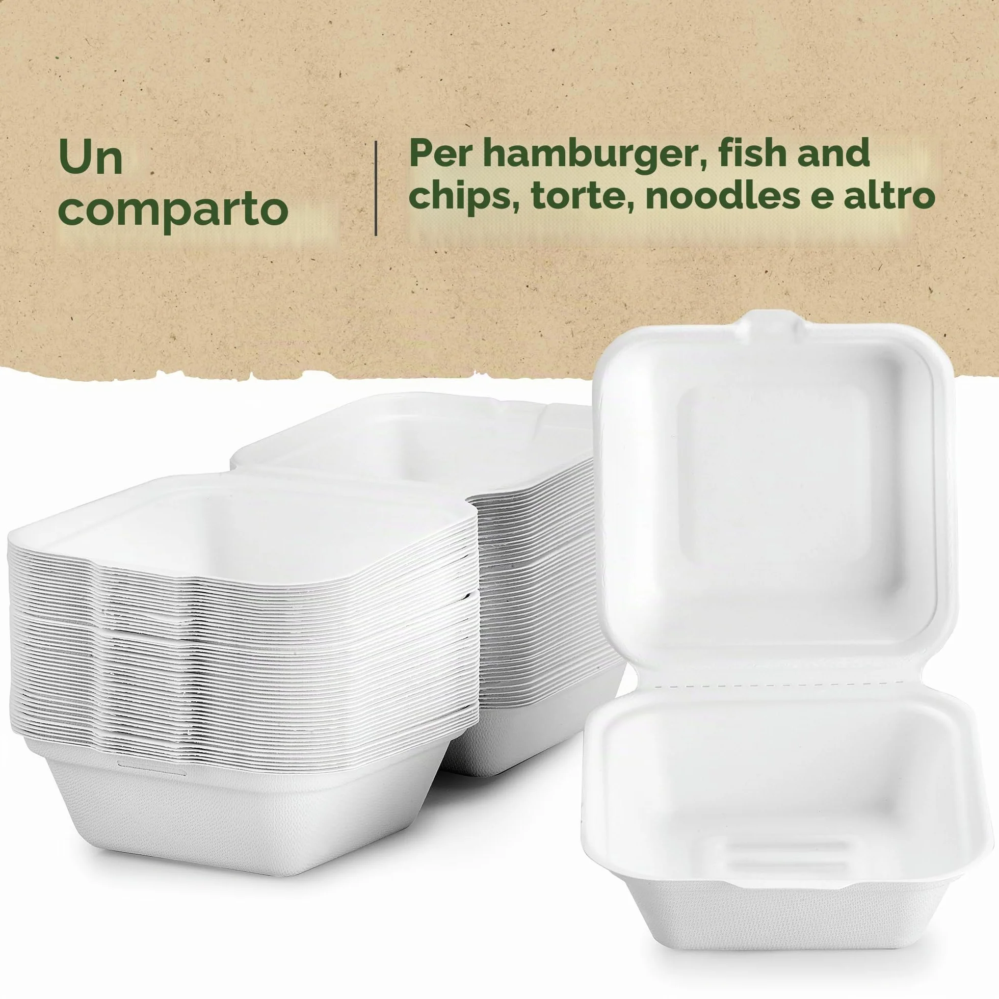 Contenitori per hamburger in bagassa 15,2 cm set da 50 biodegradabili compostabili riciclabili