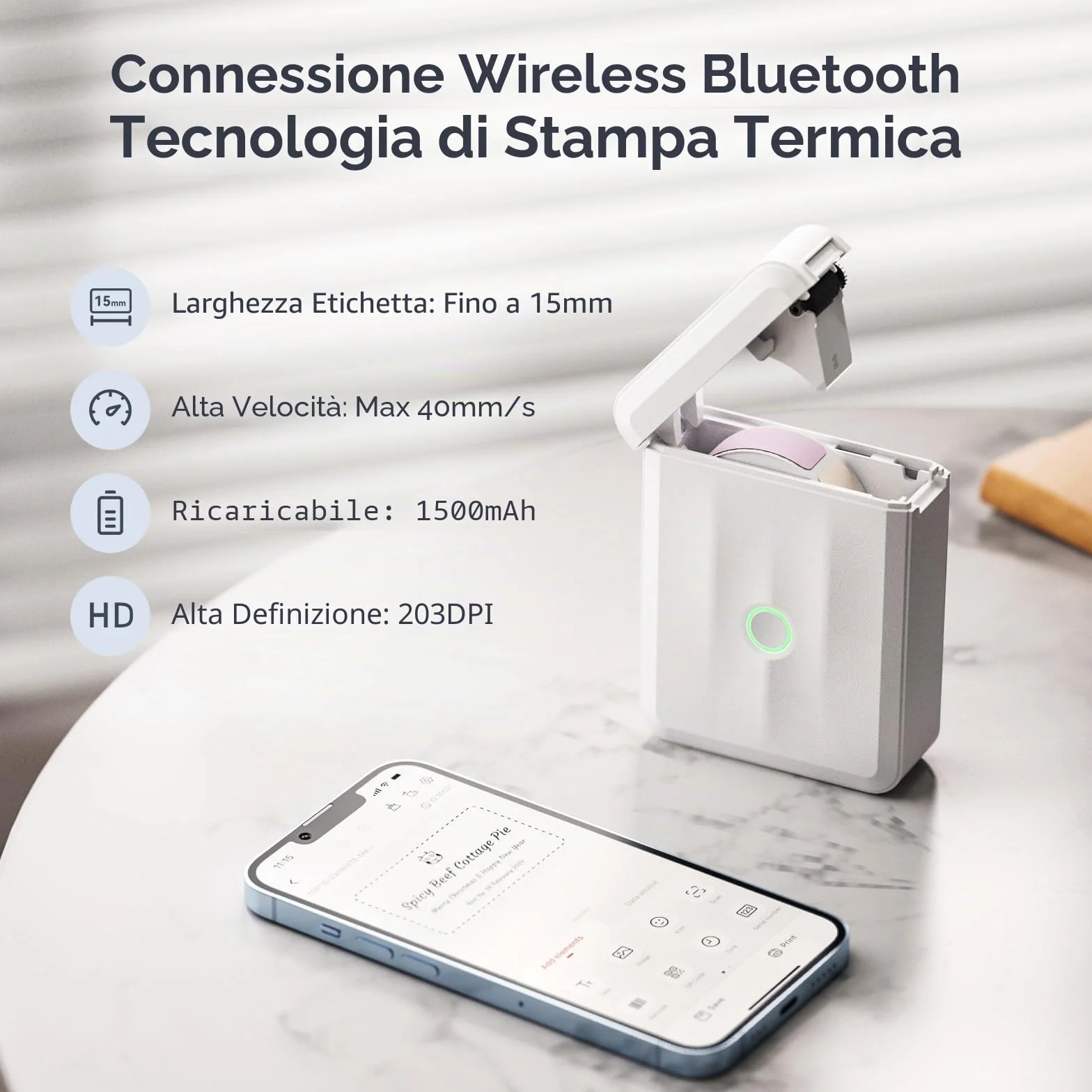 NIIMBOT D110 Mini Stampante Etichette Bluetooth, 60+ Caratteri, 1000+ Icone, Bianco