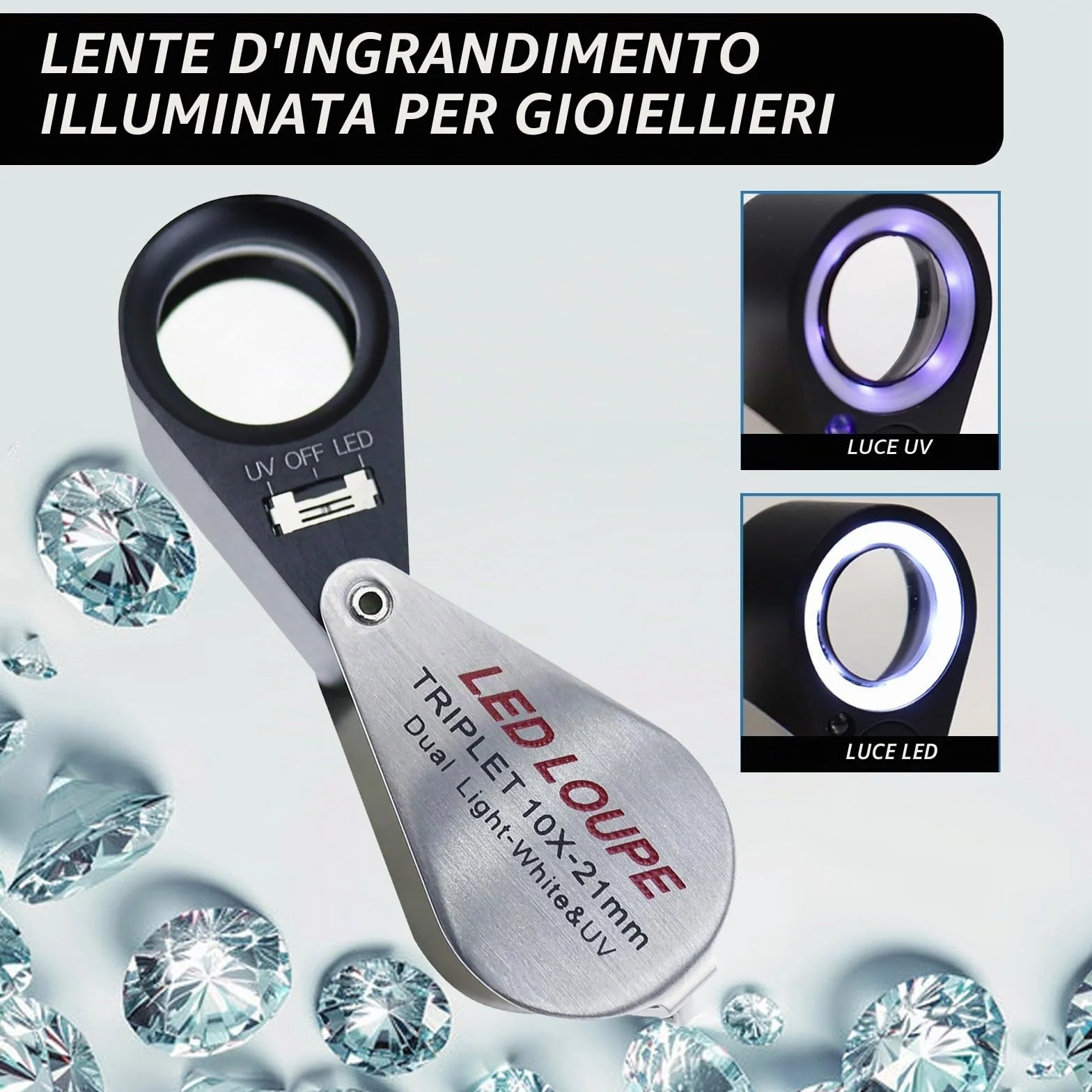 Lente D'Ingrandimento Hastings Triplet 10x con Luce LED Bianco e UV per Gioiellieri, Monete, Gemme
