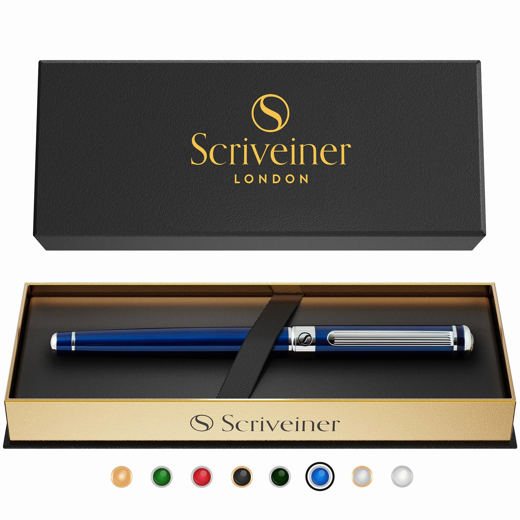 Scriveiner Midnight Blue Rollerball Pen, Laccata Blu Notte, Decori Cromati, Refill