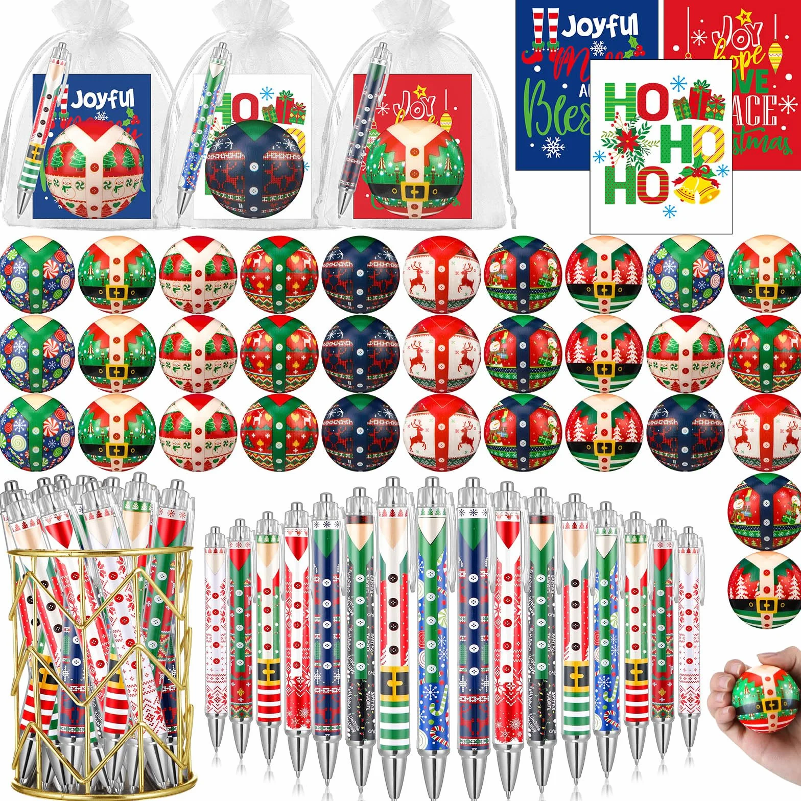 Spakon Set di 128 penne a sfera e penne a sfera a forma di cuore natalizio con biglietti regalo, in organza, colore bianco, mini antistress, premio antistress per feste