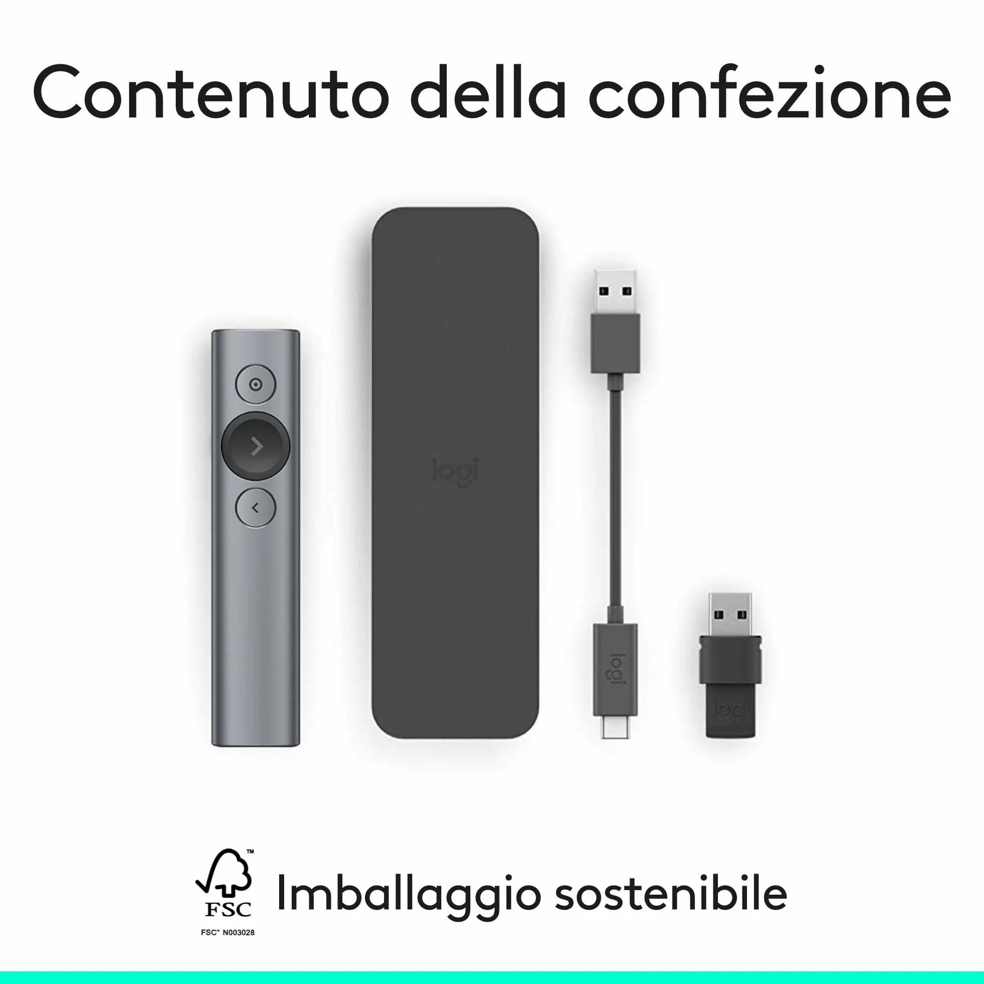 Logitech Spotlight Presenter, Puntatore Laser per Presentazioni Wireless, 2,4 GHz e Bluetooth, ‎Ricevitore USB, Puntatore Laser Digitale, Portata 30 Metri, Timer, PC/Mac/Android/iOS - ‎Grigio