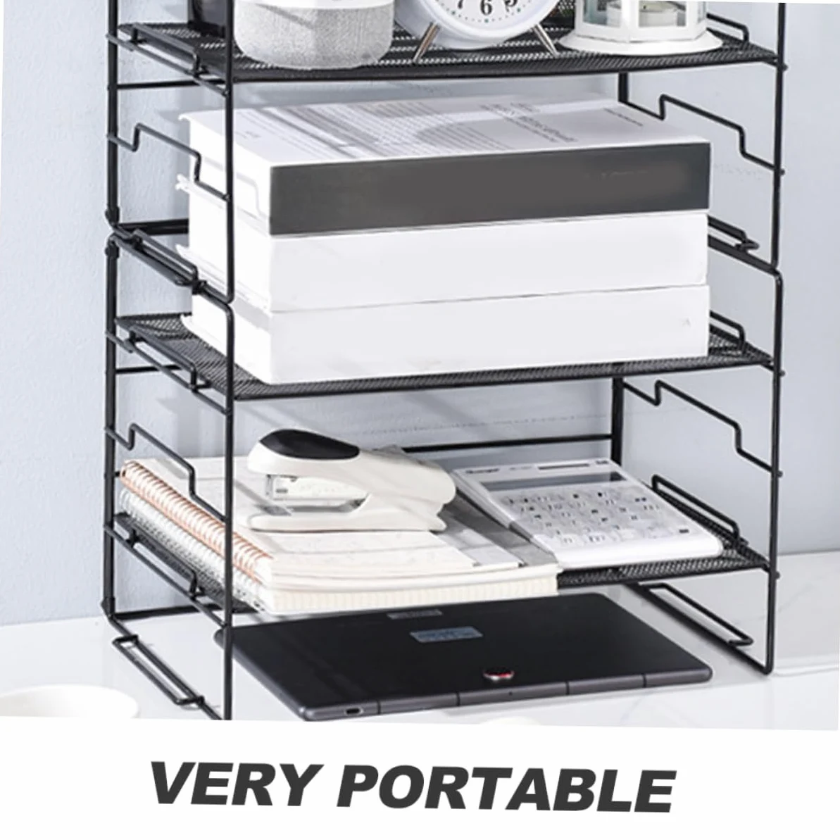 Organizer Documenti da Scrivania a 4 Livelli in Metallo Nero | Struttura Minimal Semplice e Stilosa, Uso in Ufficio per Ordinare e Catalogare Fogli