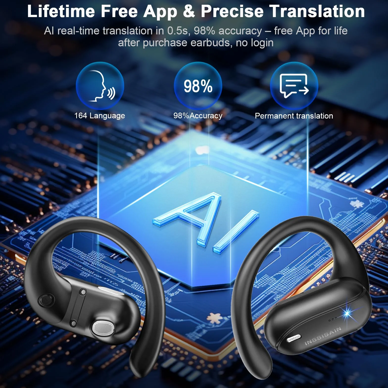AI Cuffie Traduzione,AI Cuffie Traduttore Simultaneo Vocale,Buletooth 5.4 & Auricolari di Traduzione in 164 Lingue,IPX7,Necessità di Connettersi a un'app Fissa,Ricarica in 10 minuti (black 02)