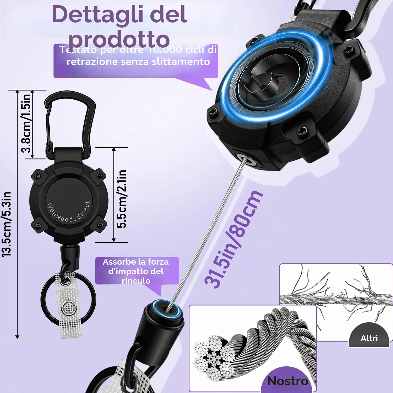 Porta badge retrattile 2 pezzi portachiavi allungabile filo acciaio 80 cm per campeggio escursionismo