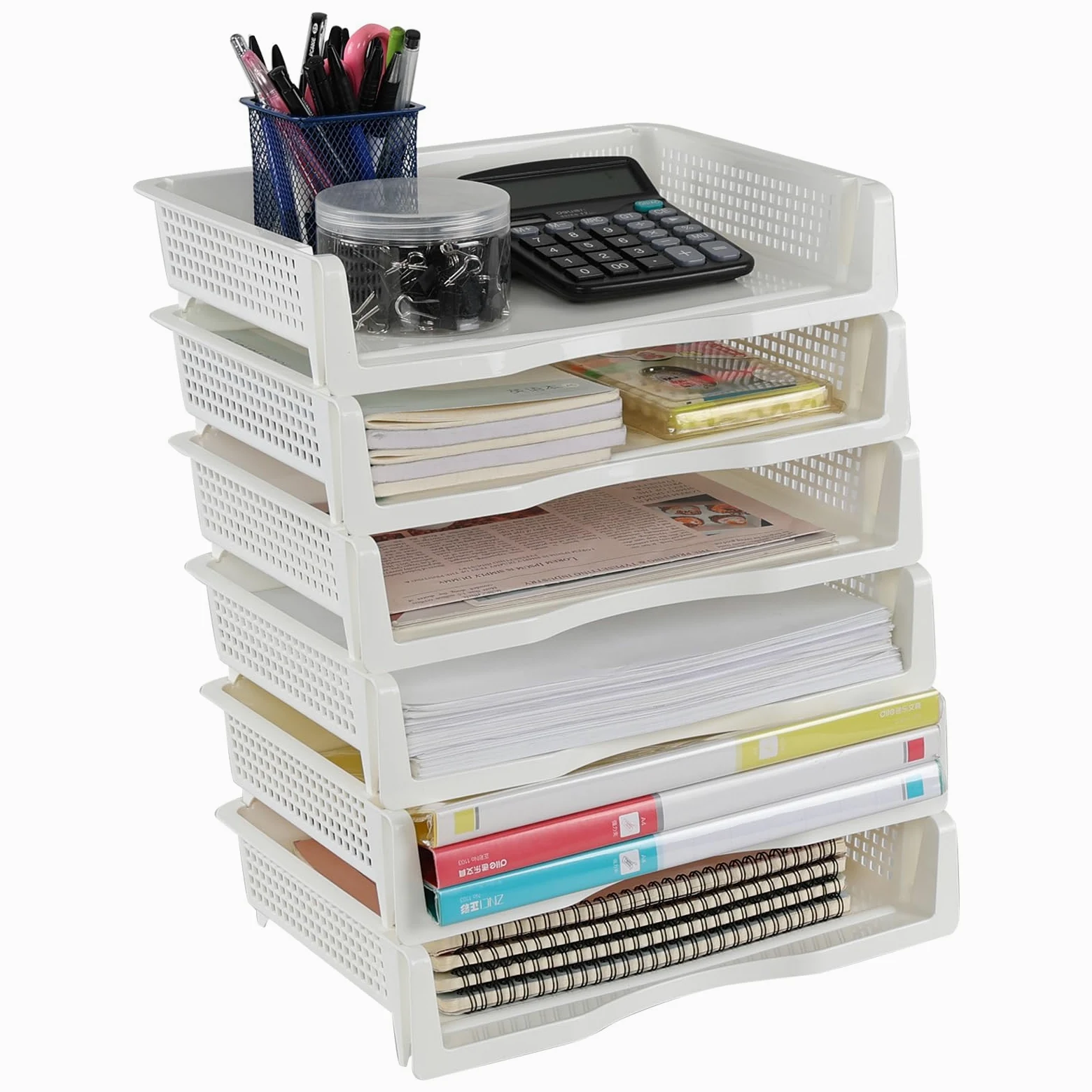 Vassoi da ufficio in plastica a 6 ripiani, impilabili, formato A4, per scrivania, colore: bianco