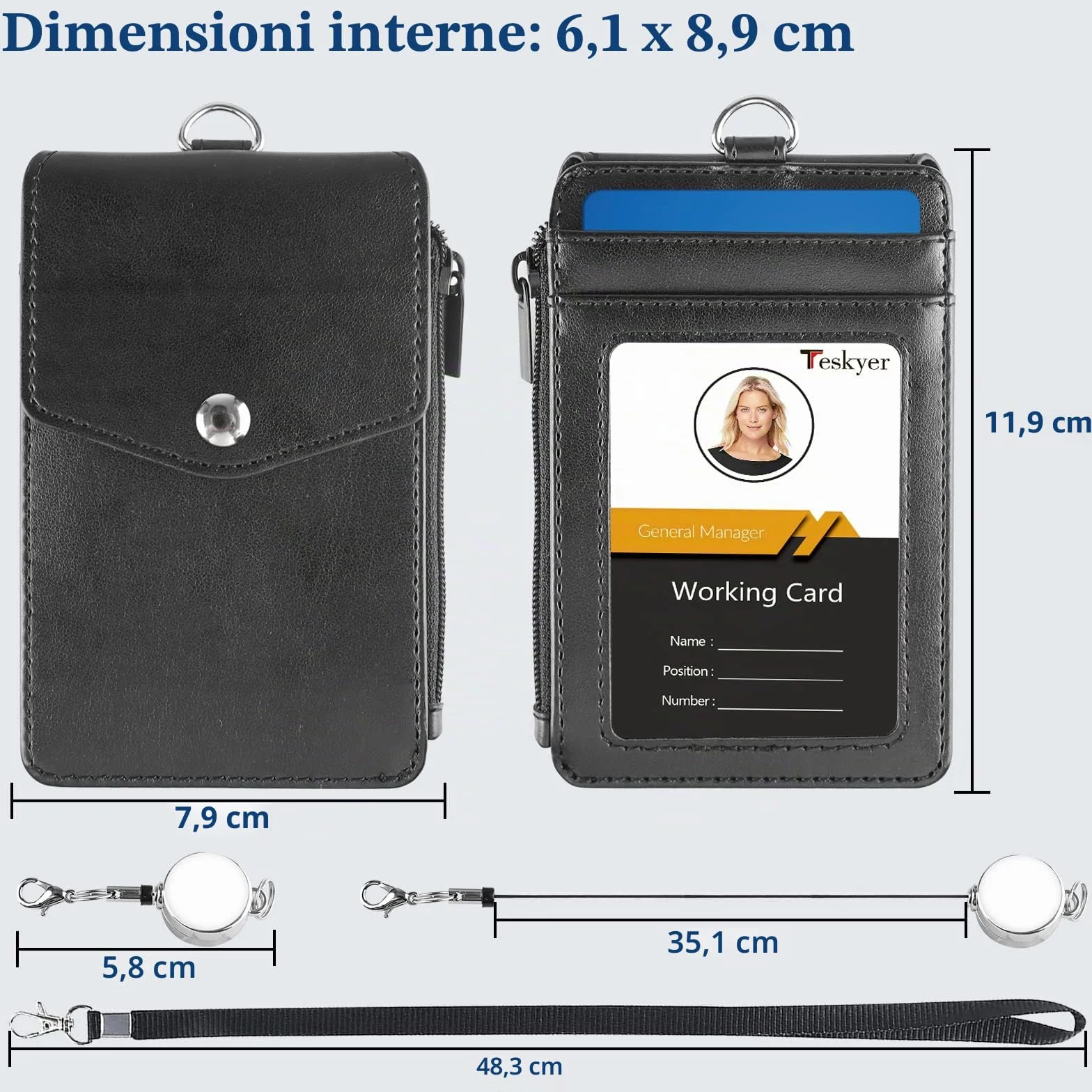 Porta badge in pelle con cordino e bobina retrattile, 4 scomparti per carte d'identità, tasca con cerniera