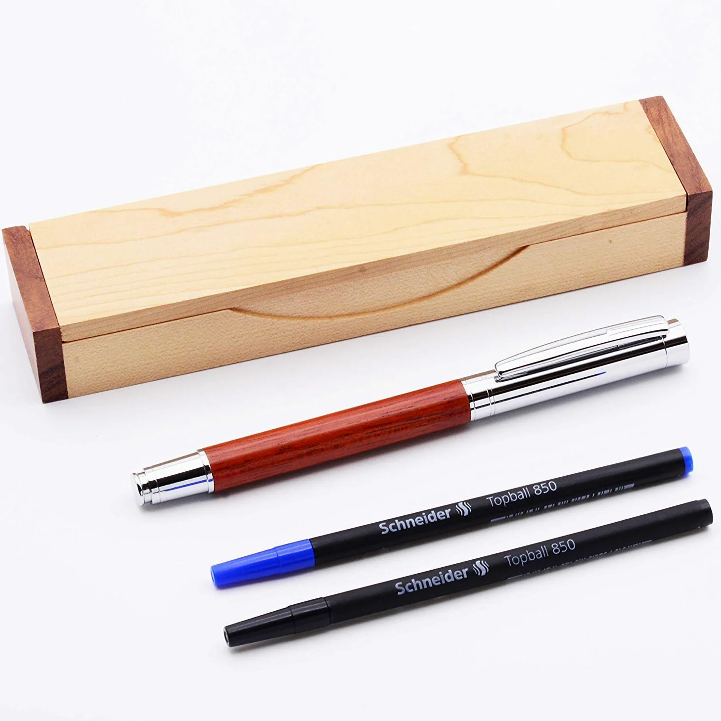 LACHIEVA LUX - Penna roller in palissandro, con elegante scatola di legno, compatibile con la ricarica tedesca Schneider, idea regalo