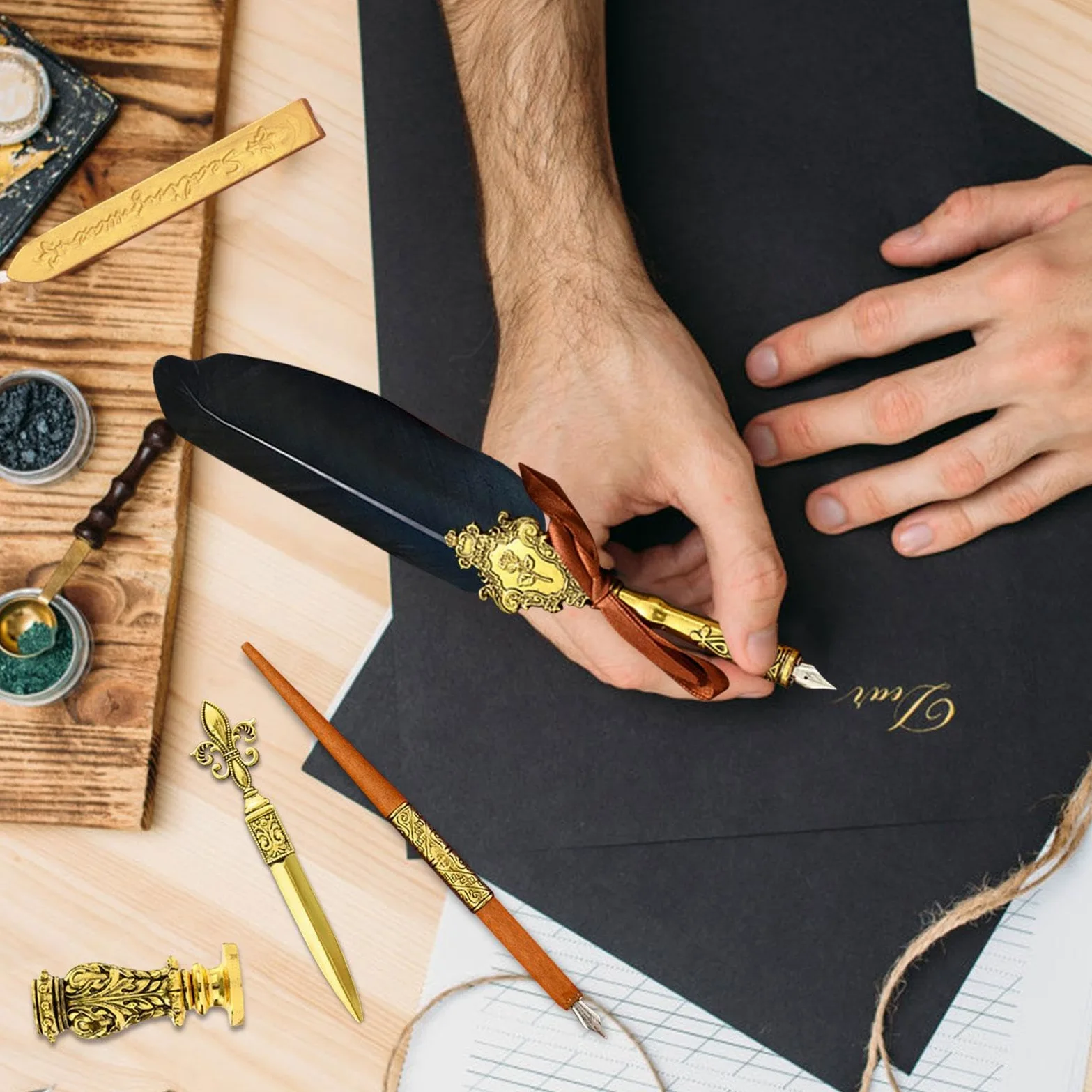 Set di inchiostro per calligrafia vintage, penna a immersione | ceralacca, sigillo, strumento per buste, il miglior set regalo per scrivere, disegnare, firmare