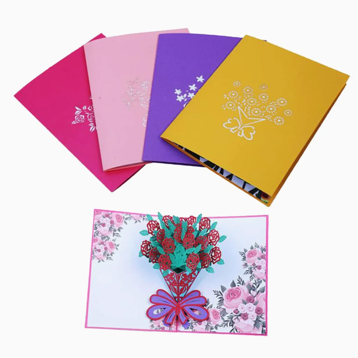 NUOBESTY Bouquet Di 3 Fiori Artificiali Biglietto Dauguri Con Rose Decorazione Per Festival Design 3d Con Rose Carta Creativa Per Amici