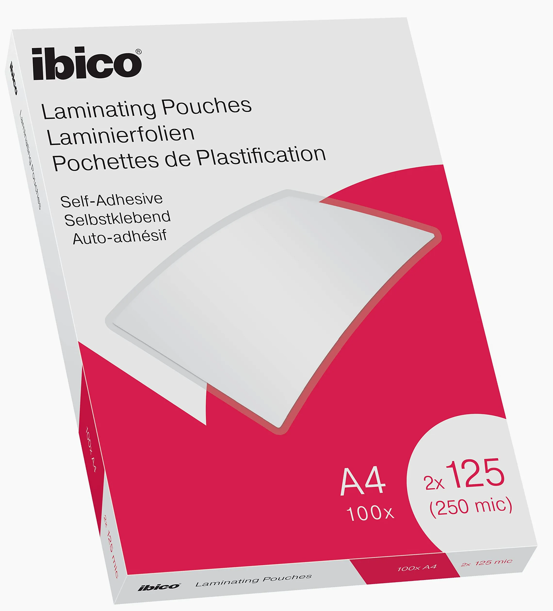 Ibico Pouch per la Plastificazione a caldo, Formato A4, 250 Micron (2x150), Elevata protezione dei documenti e Durabilità, Retro Adesivo, Confezione da 100, Finitura Lucida, Trasparente, 627325