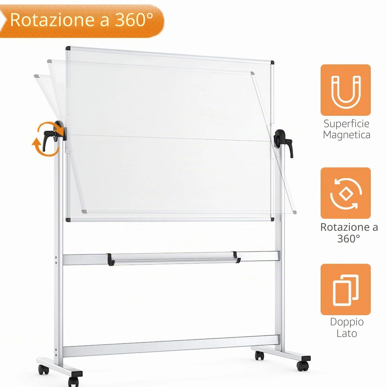 VIZ-PRO Lavagna bianca mobile bifacciale, 120 x 90 cm, lavagna bianca magnetica con rotella cancellabile a secco su ruote, telaio in alluminio e supporto