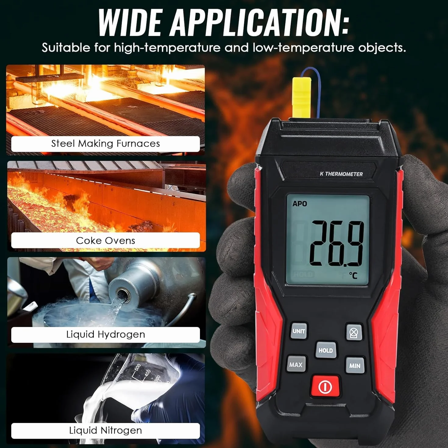 Termometro Digitale a Termocoppia Tipo K -328°F ~ 2501°F con Display LCD Retroilluminato Max/Min per HVAC