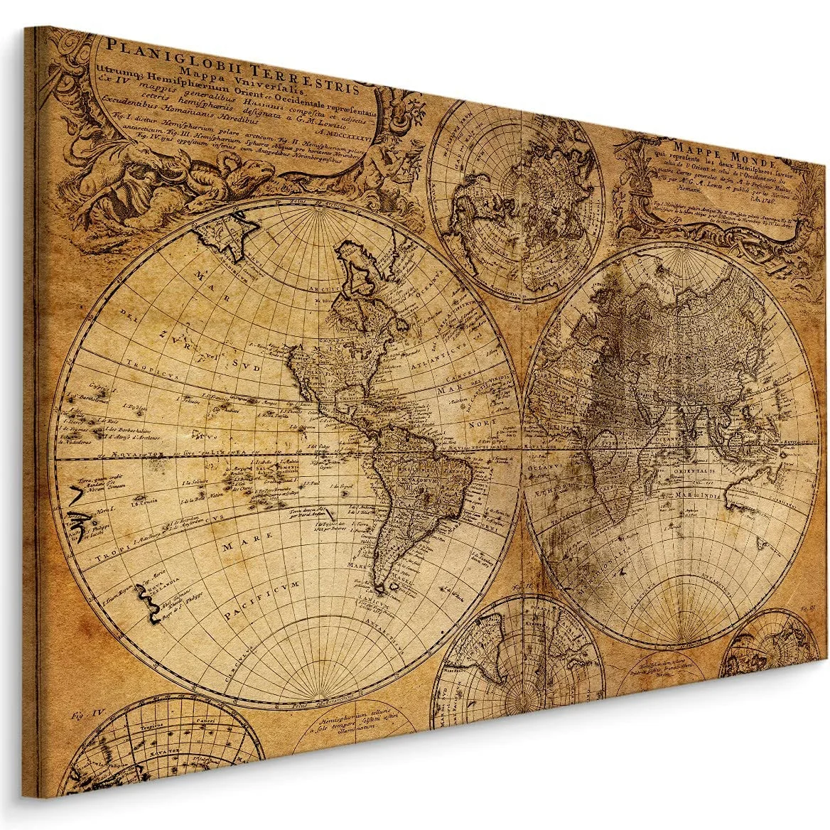 Muralo Quadro su Tela Mappa del Mondo, Continenti, Paesi - 120x80 cm | Stampa artistica su tela tesa su telaio in legno, dettagli geografici nitidi e colori resistenti, pronta da appendere,