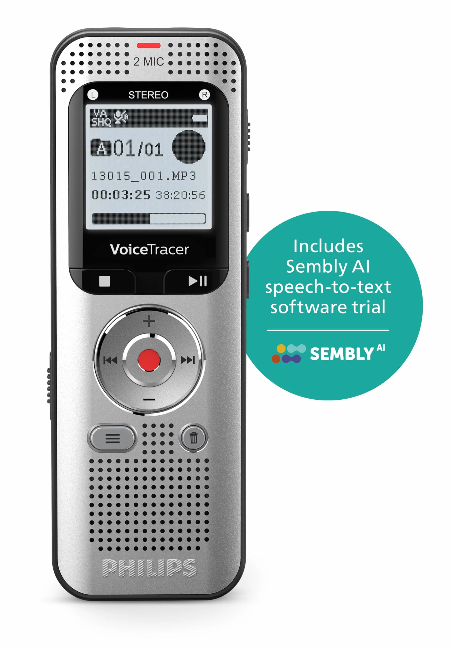 Philips VoiceTracer DVT2015, registratore vocale, 8 GB, 2 microfoni stereo. Licenza AI Sembly in prova: l’Intelligenza Artificiale crea riassunti, trascrizioni