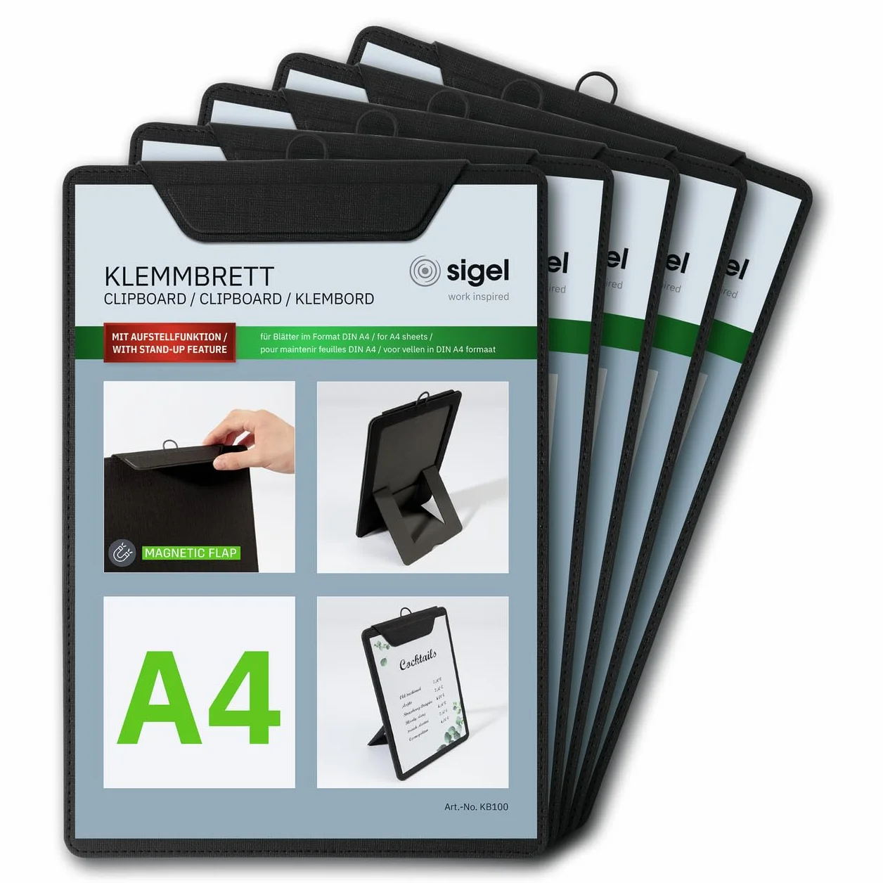 SIGEL Portamenu con clip 23 x 33 cm - 5 pezzi | KB100, per fino a 20 fogli A4, nero, per l'organizzazione efficiente di documenti e moduli