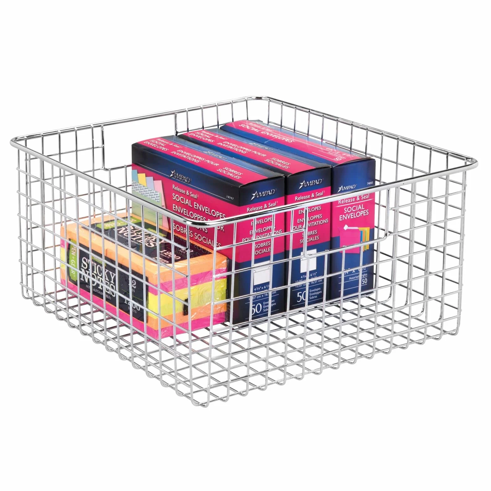 mDesign Organizer scrivania per posta, carte e cancelleria – Cesta metallo per uffici, scuola, camere da letto, cucine, bagni, garage – Cesta portaoggetti con manici incorporati – Set da 4 – cromato