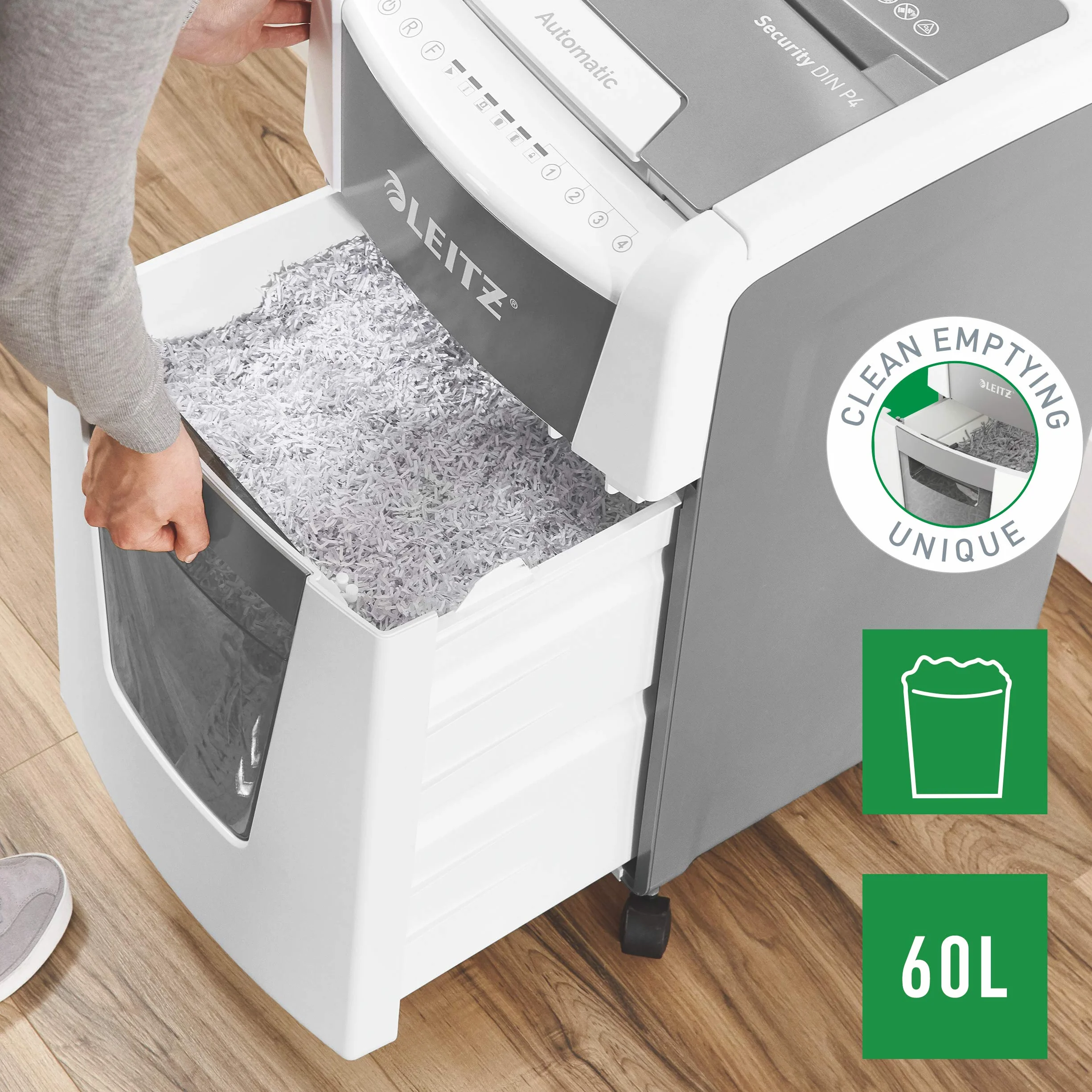 LEITZ IQ Autofeed 300 P-4 Office, Distruggidocumenti Automatico, 300 Fogli, Taglio a Frammenti, Sicurezza P-4, Capacità 60 litri, 80150000