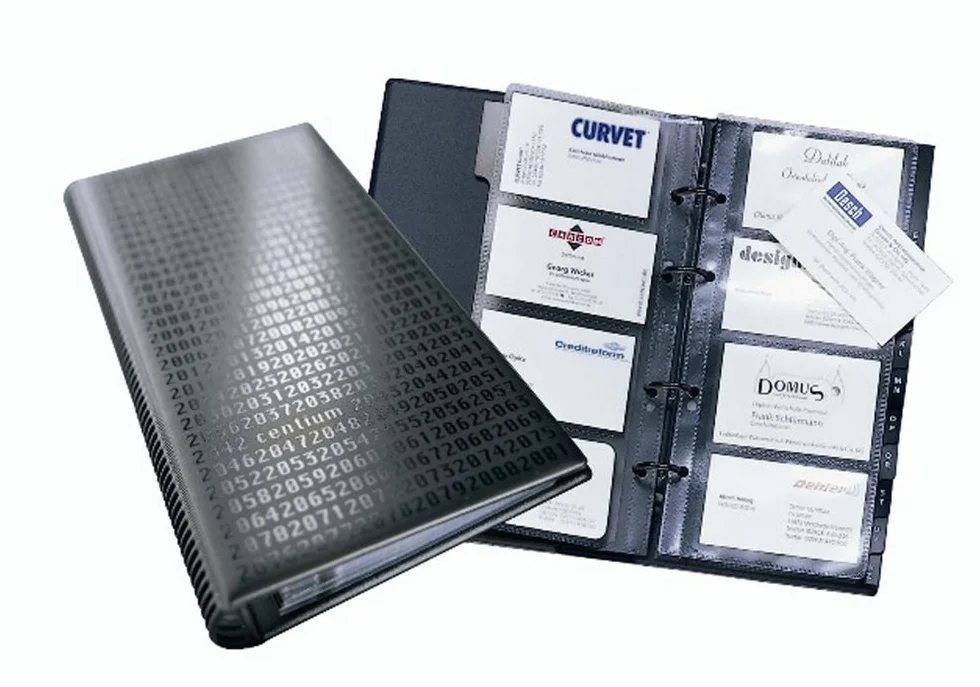 Durable 240301 Visifix Centium, Album Portabiglietti da Visita ad Anelli, Copertina Decorata, 200 Biglietti, Indice Alfabetico 12 Tasti, Ampliabile, 145x255 mm, Nero