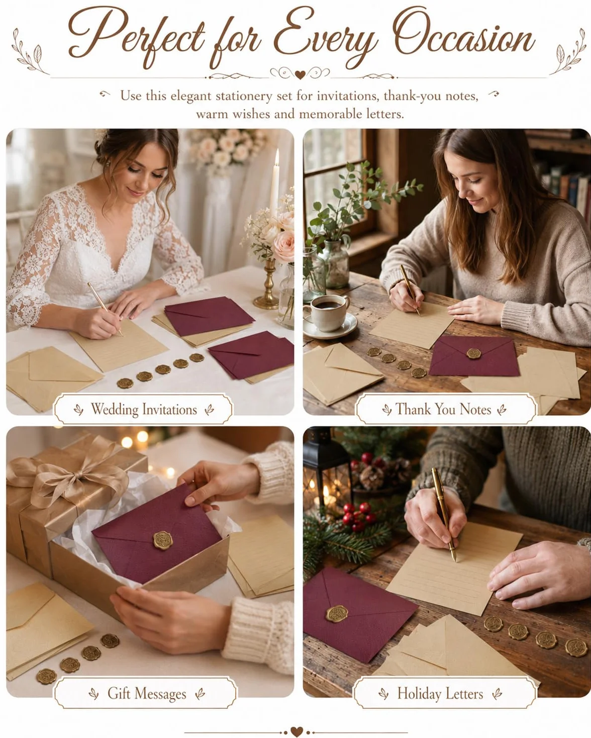 Set Carta da Lettere Vintage 32 Pezzi: 6 Buste & 20 Fogli A5 Kraft Rigati, 6 Sigilli Ceralacca per Inviti Matrimonio