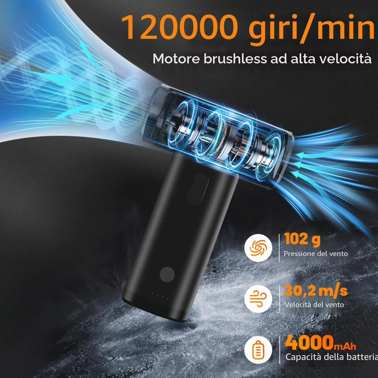 MERTTURM Soffiatore ad Aria Compresso Elettrico Portatile, Aspiraportatile-Velocità Regolabile, Motore Brushless Ricaricabile 120000RPM-Ventola Potente e Resistente per PC/Tastiere/Auto/Casa/Esterno