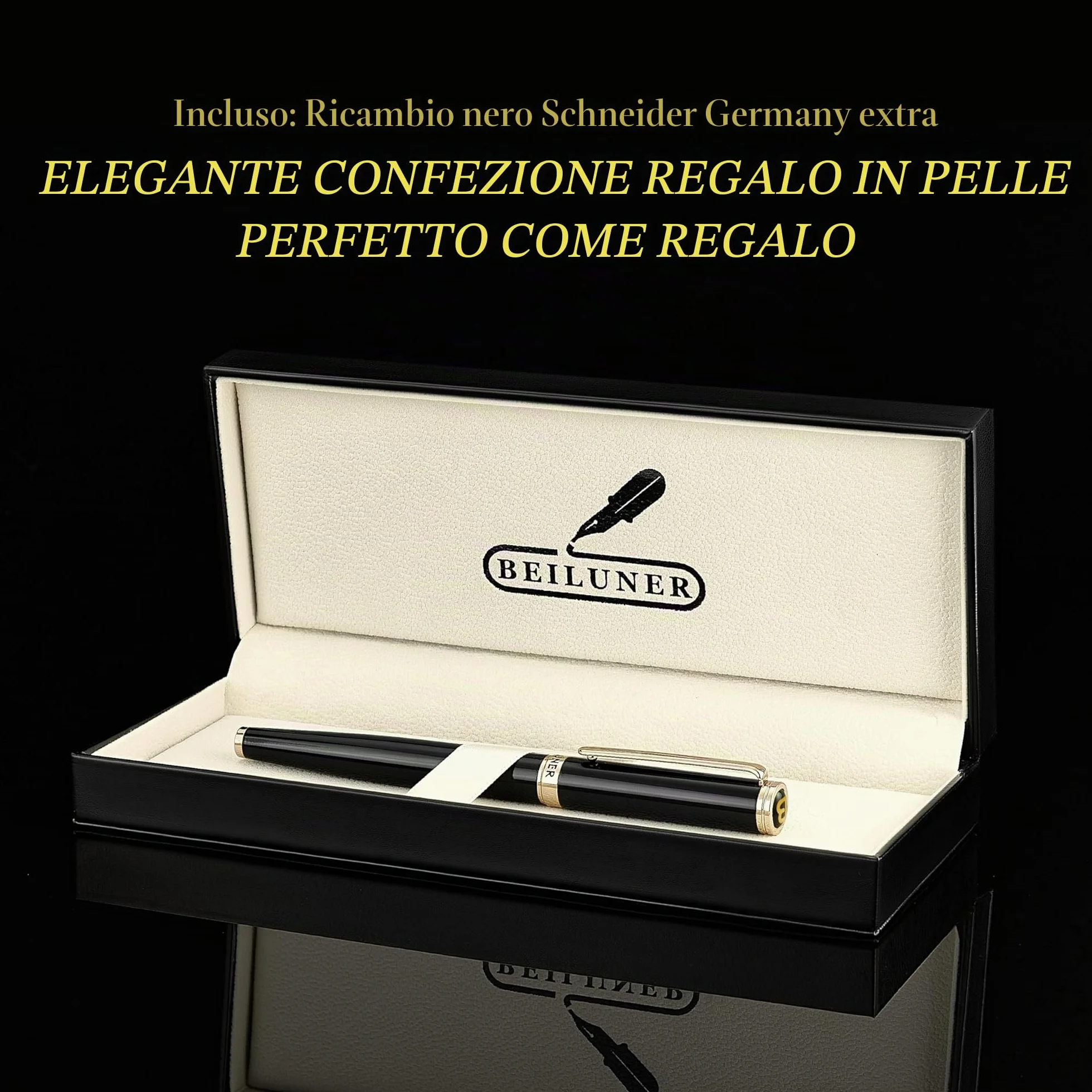 BEILUNER Penna Rollerball di Lusso Finiture Oro 24K, Design Nobili ed Eleganti, Ricambio Schneider, Set Regalo per Uomo e Donna, Professionale, Ufficio Dirigenziale - Nero & Oro