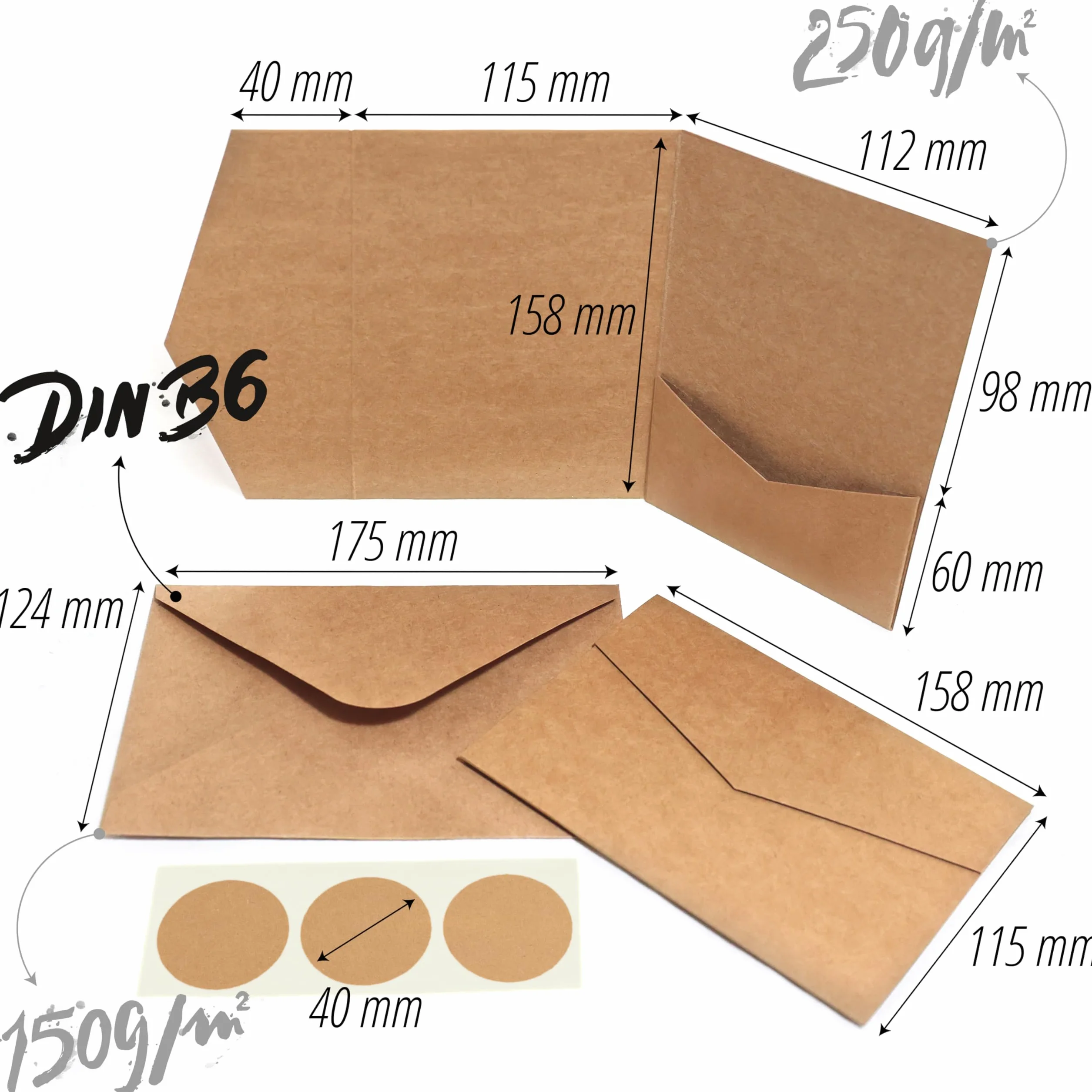 Japun Pocketfold Biglietti carta kraft vuoti tascabili con buste DIN B6 inviti nozze marrone 25 pezzi