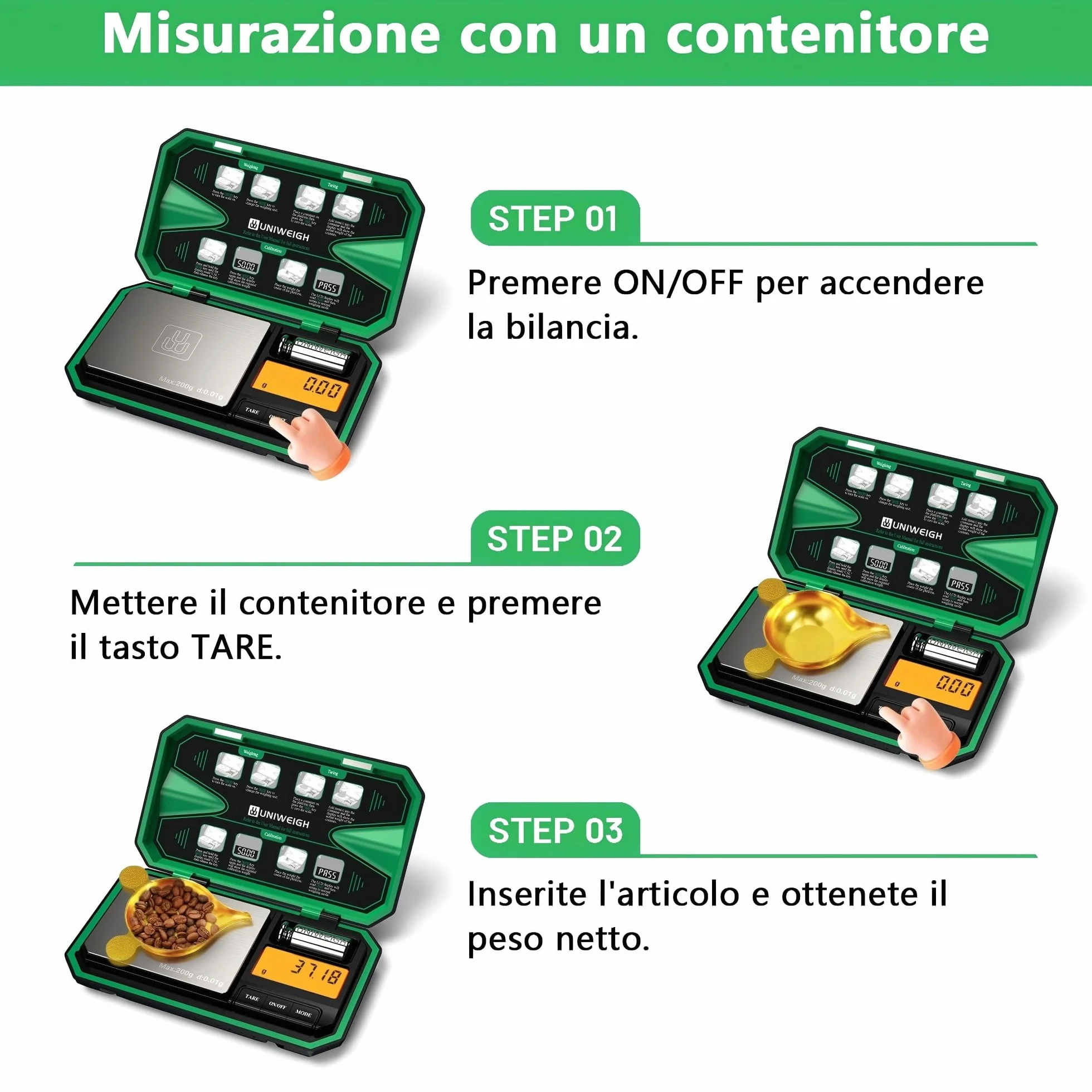 UNIWEIGH Bilancia digitale tascabile 200g/0,01g, mini scala alimentare con peso di calibrazione 50g, verde