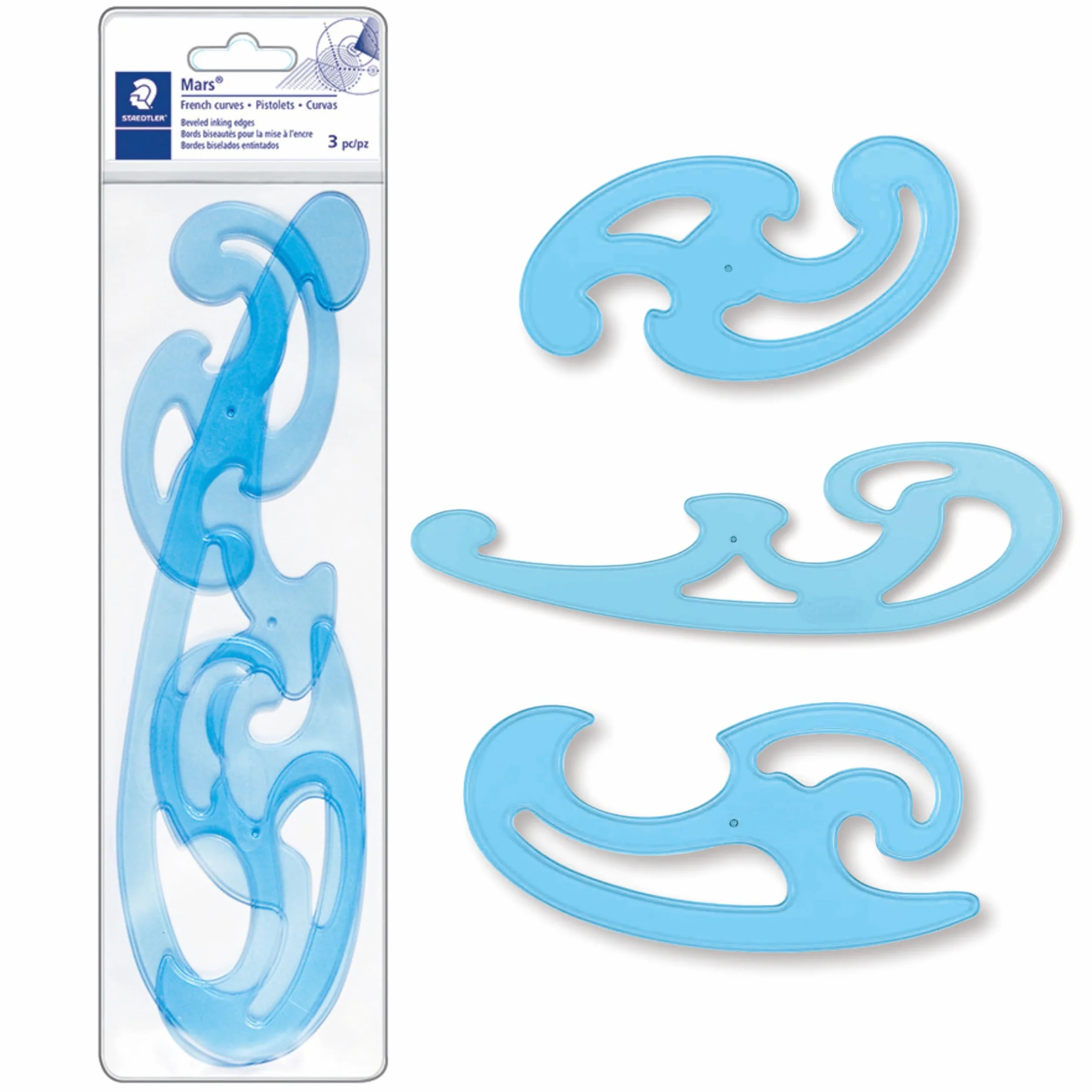 Staedtler Mars Curvilinee Set 3 Pezzi Stencil Geometrici Plastica per Disegno Tecnico Curve Raggio Variabile