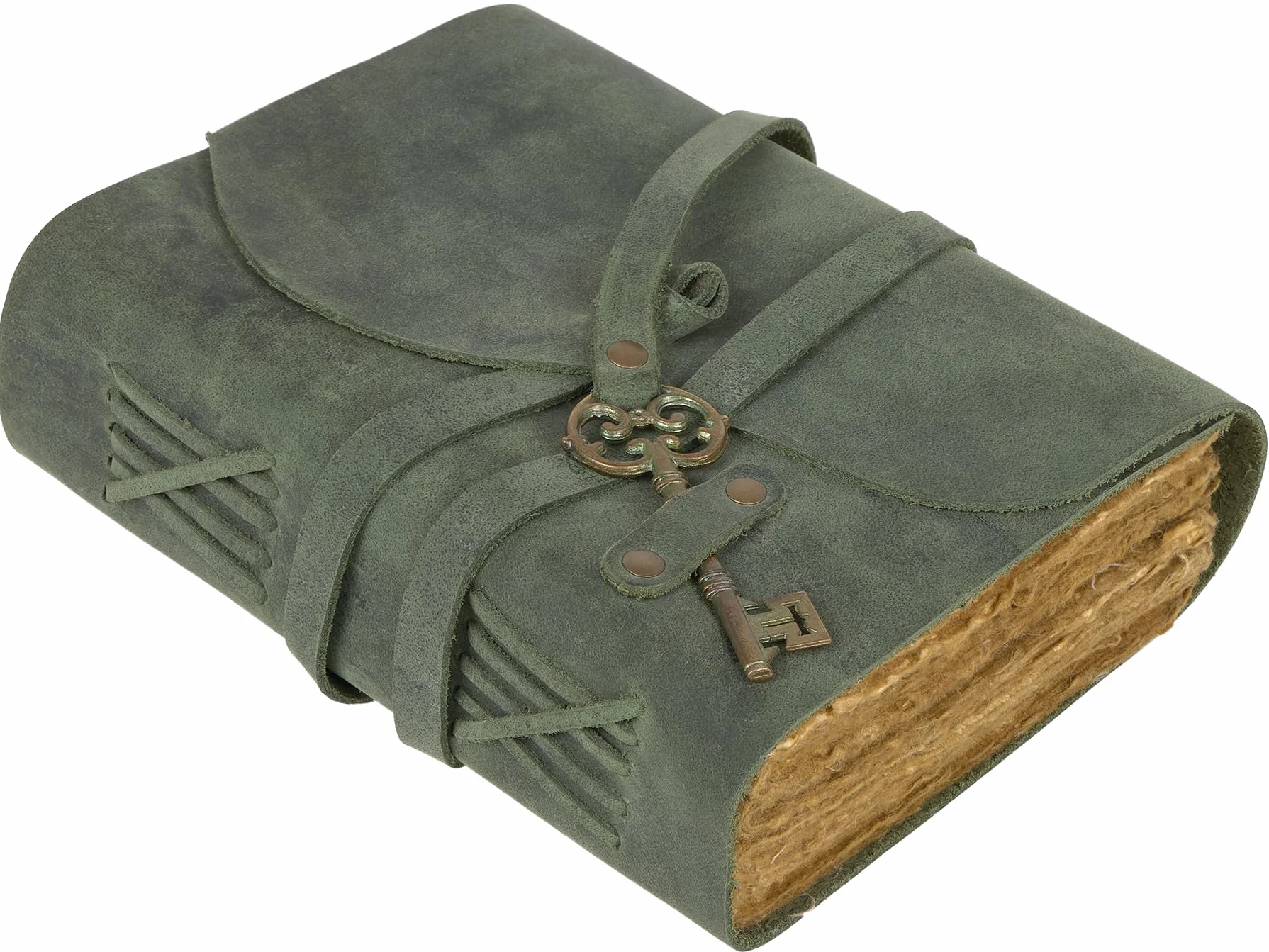 Agenda Vintage in Pelle con Carta Artigianale e Chiusura con Chiave, Diario da Viaggio per Scrivere Pensieri, Appunti Quotidiani e Ricordi Verde Salvia