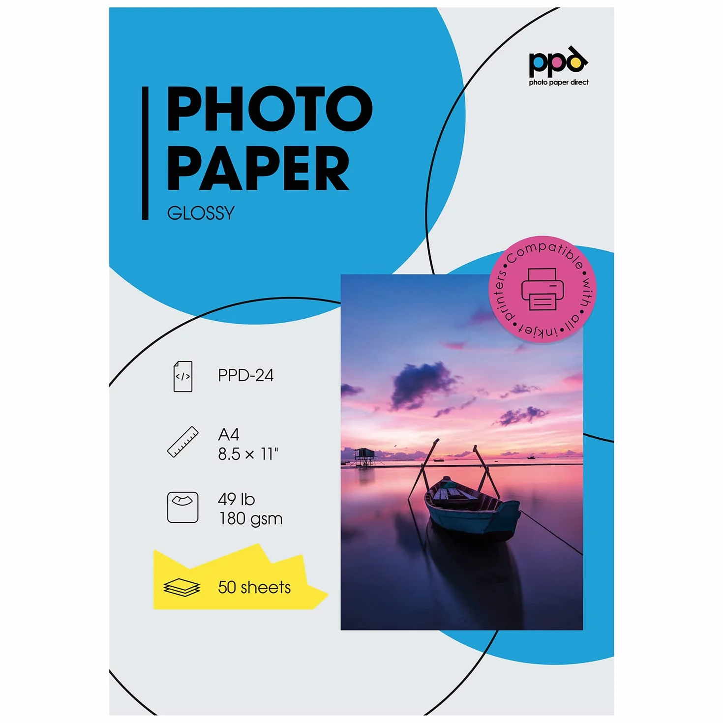 PPD A4 50 Fogli 180g Carta Fotografica Lucida per Stampanti Inkjet