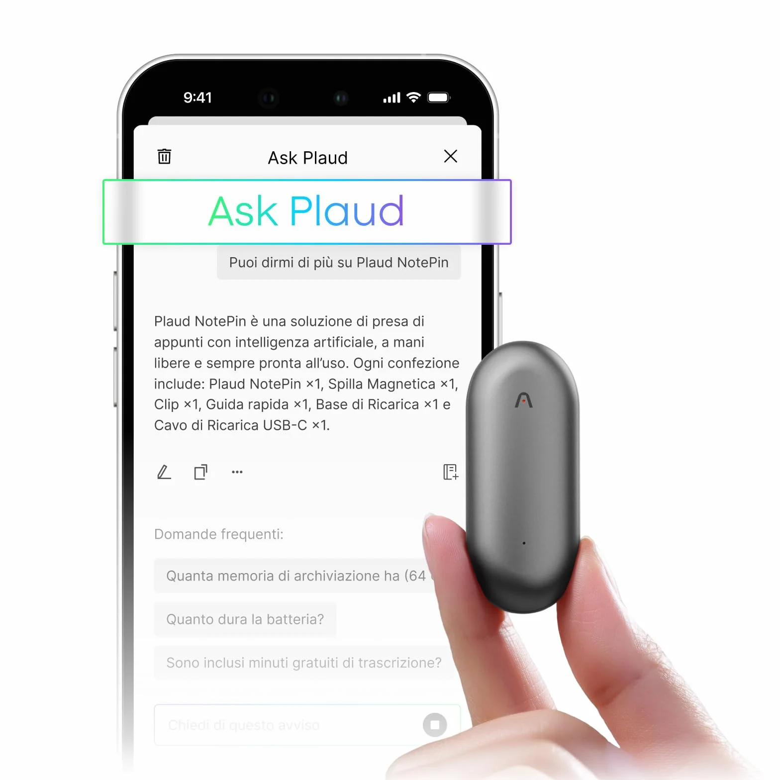 Plaud NotePin Registratore Vocale AI Professionale Audio Digitale Trascrivi Riassumi Tecnologia AI,Team Plan, Appunti Trascrizione Riepilogo per Riunioni Lezioni Colloqui, Grigio