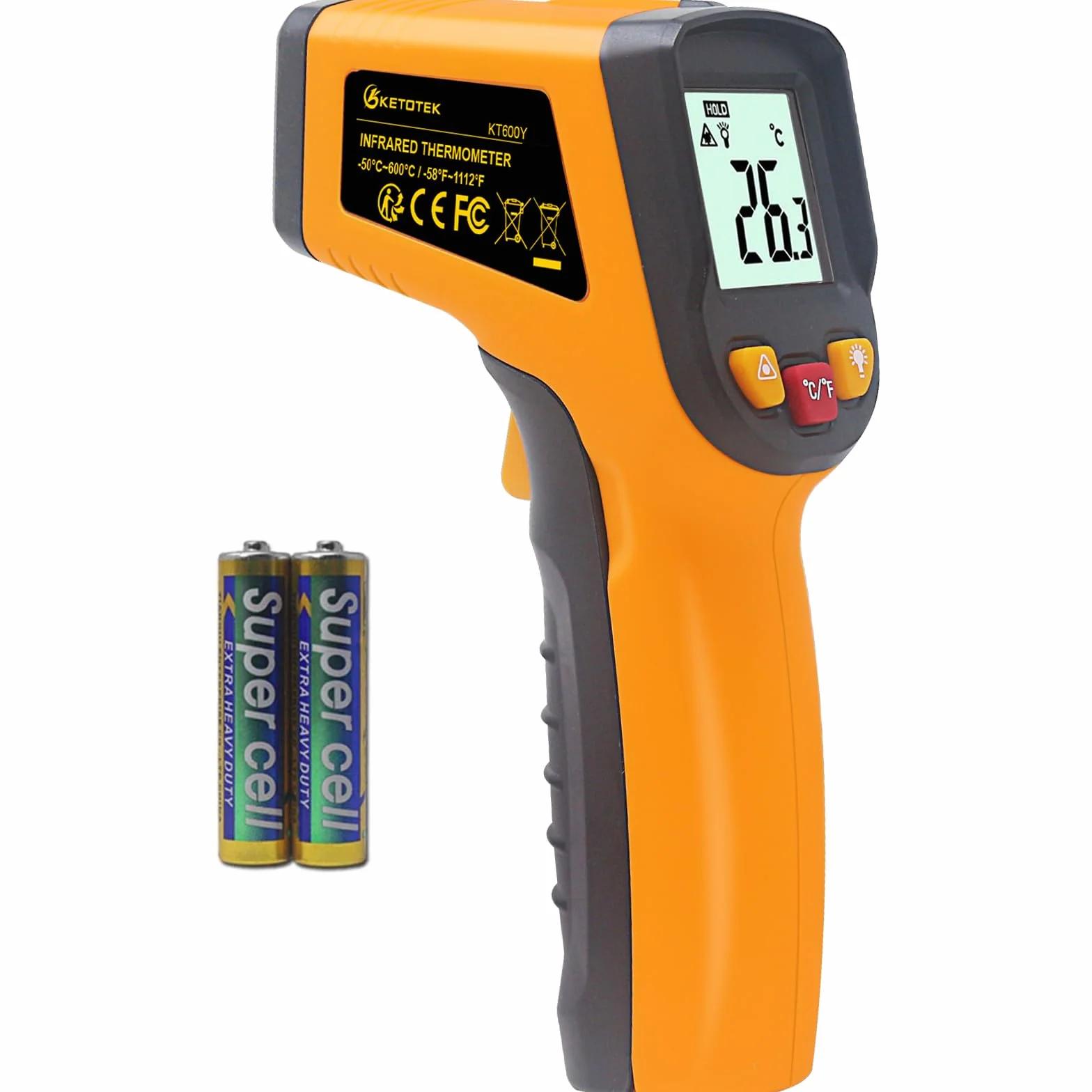 KETOTEK Termometro Laser Infrarossi Digitale -50℃-600℃ Punto laser Senza contatto Batterie AAA incluse Giallo