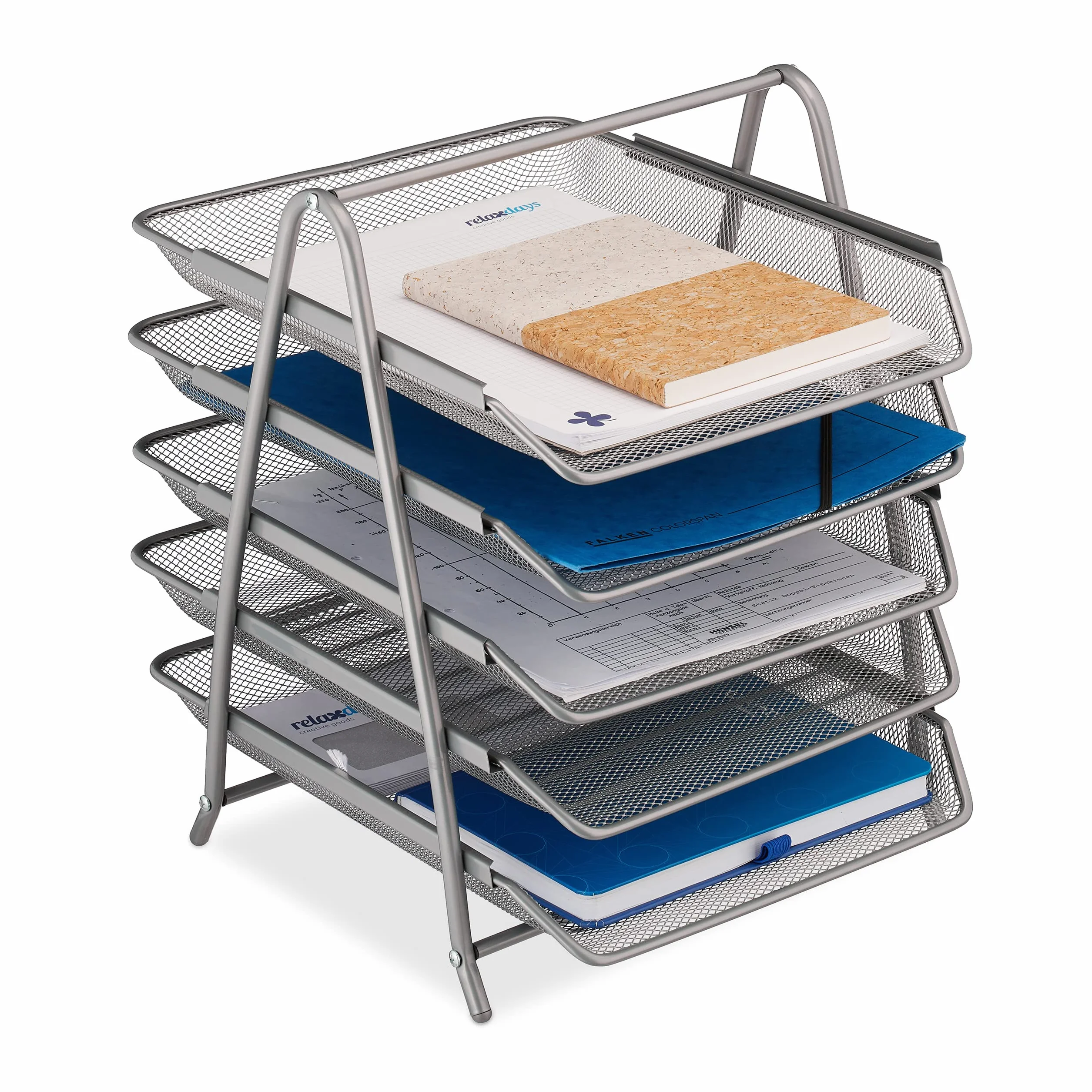 Relaxdays Organizer Portadocumenti con 5 Vaschette, Portalettere A4, HLP: 37,5 x 30 x 35 cm, Rete in Acciaio, Argentato
