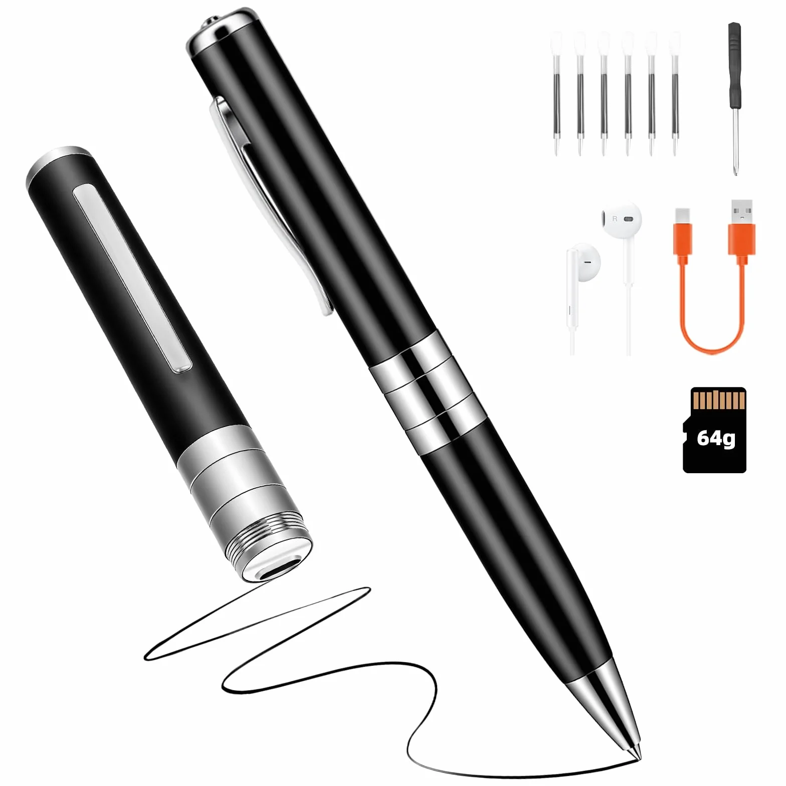 Penna registrazione vocale 64 GB - Dittafono Registratore Vocale automatico e continuo tramite attivazione rotativa, Registratore Vocale Spia Discreta per Corsi, Incontri, Interviste