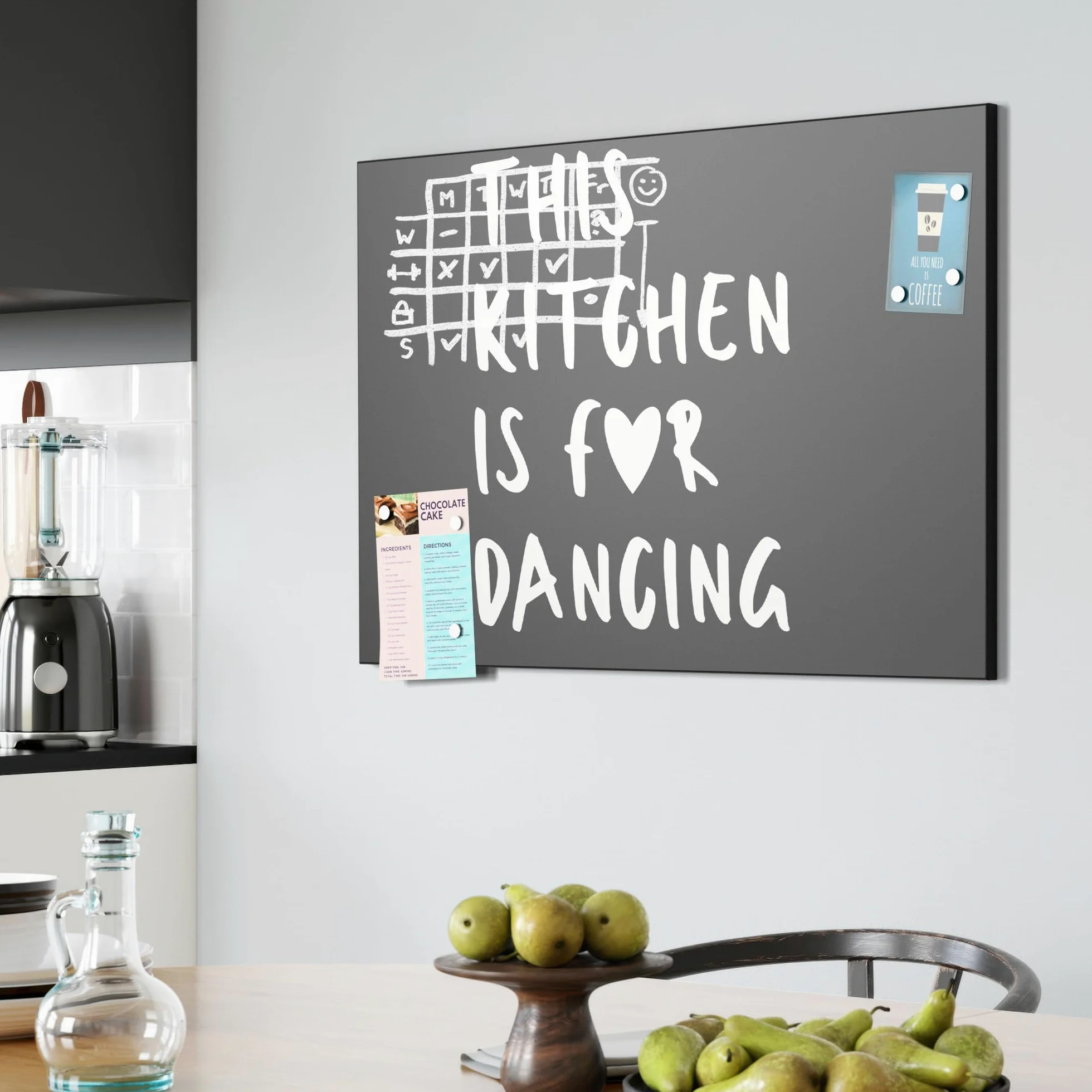 DEQORI Lavagna magnetica con stampa UV | motivo "Danza in cucina" | Design rettangolare 90 x 60 cm | Lavagna in metallo a gesso scrivibile – Decorazione da parete per cucina, corridoio, cameretta dei