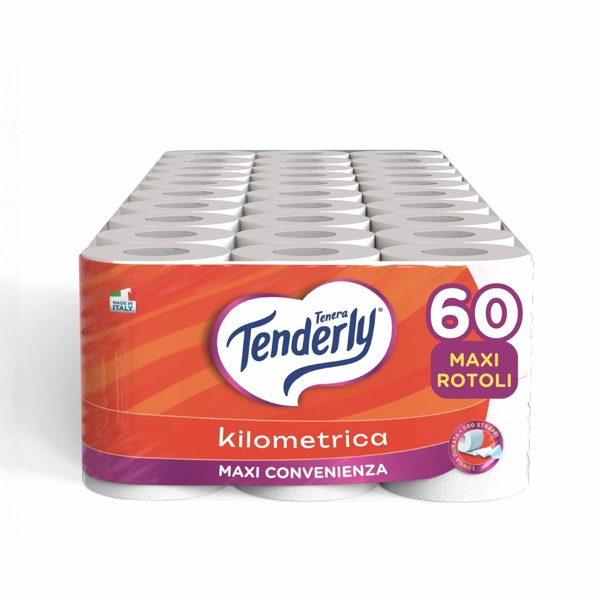 Tenderly Kilometrica, 60 Rotoli di Carta Igienica (15 conf. da 4 rotoli), 2 Veli, 500 Strappi per Rotolo, Dermatologicamente Testato, Made in Italy