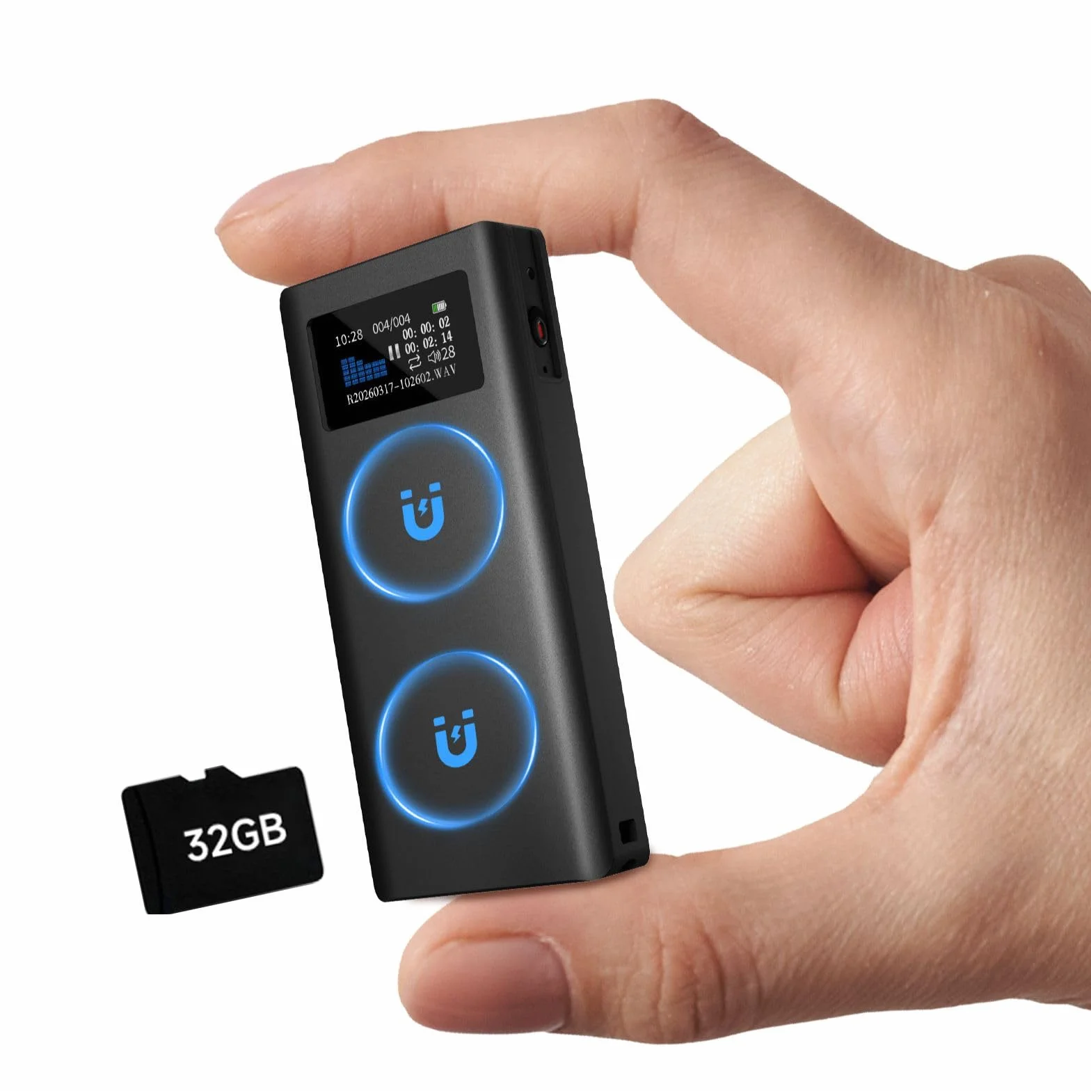 32GB Registratore Vocale Magnetico con Autonomia 350 Ore, Espansione Scheda TF, Riproduzione Altoparlante e Registrazione con un Clic, Dispositivo Portatile USB‑C per Riunioni e Interviste