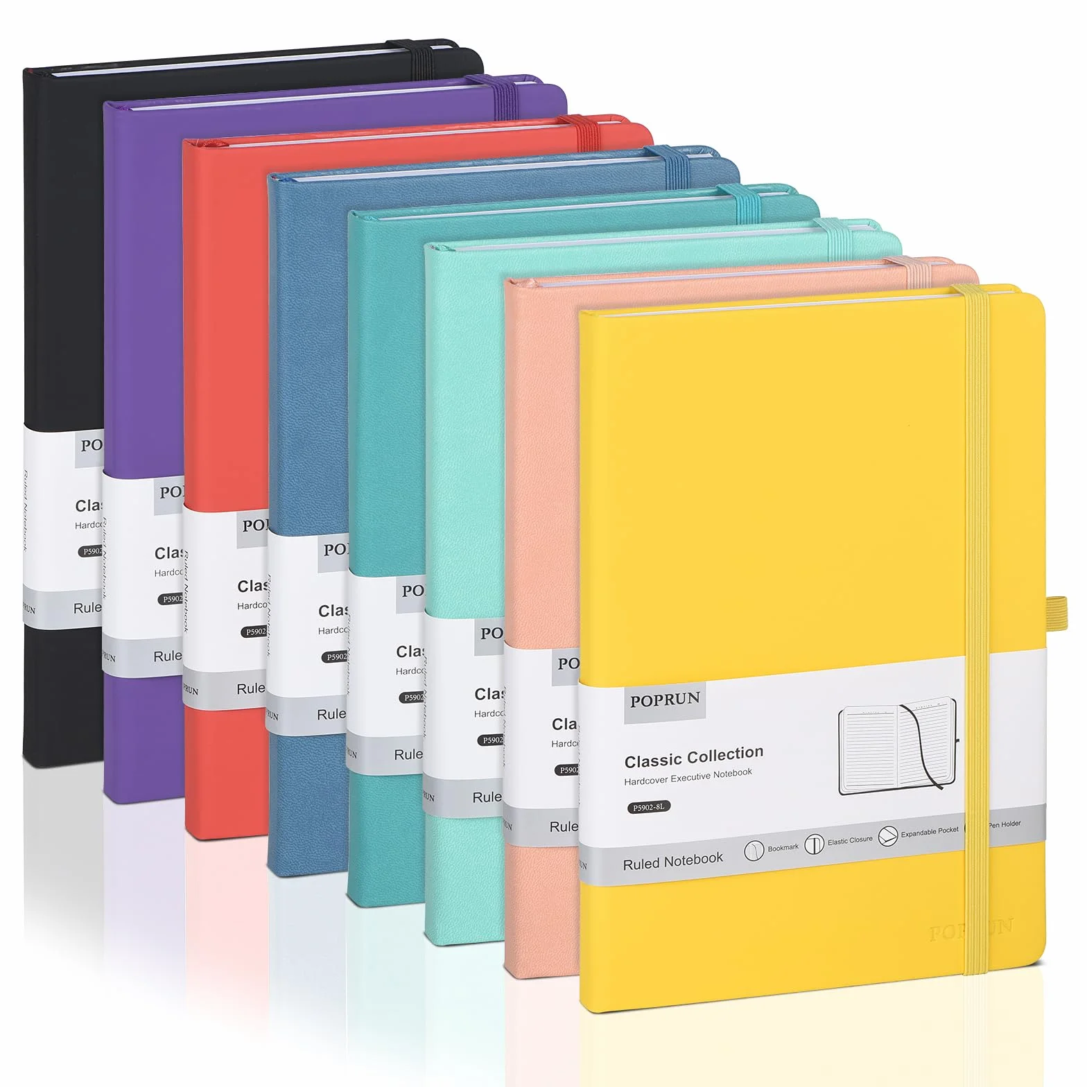 POPRUN Taccuino a Righe A5 Copertina Rigida, 240 Pagine, Set 8 Colori | 14 x 21 cm, 70 g/m², Pelle Vegana, Classico Quaderno Appunti di Linea, Tasca Interna, Chiusura ad Elastico, Portapenne