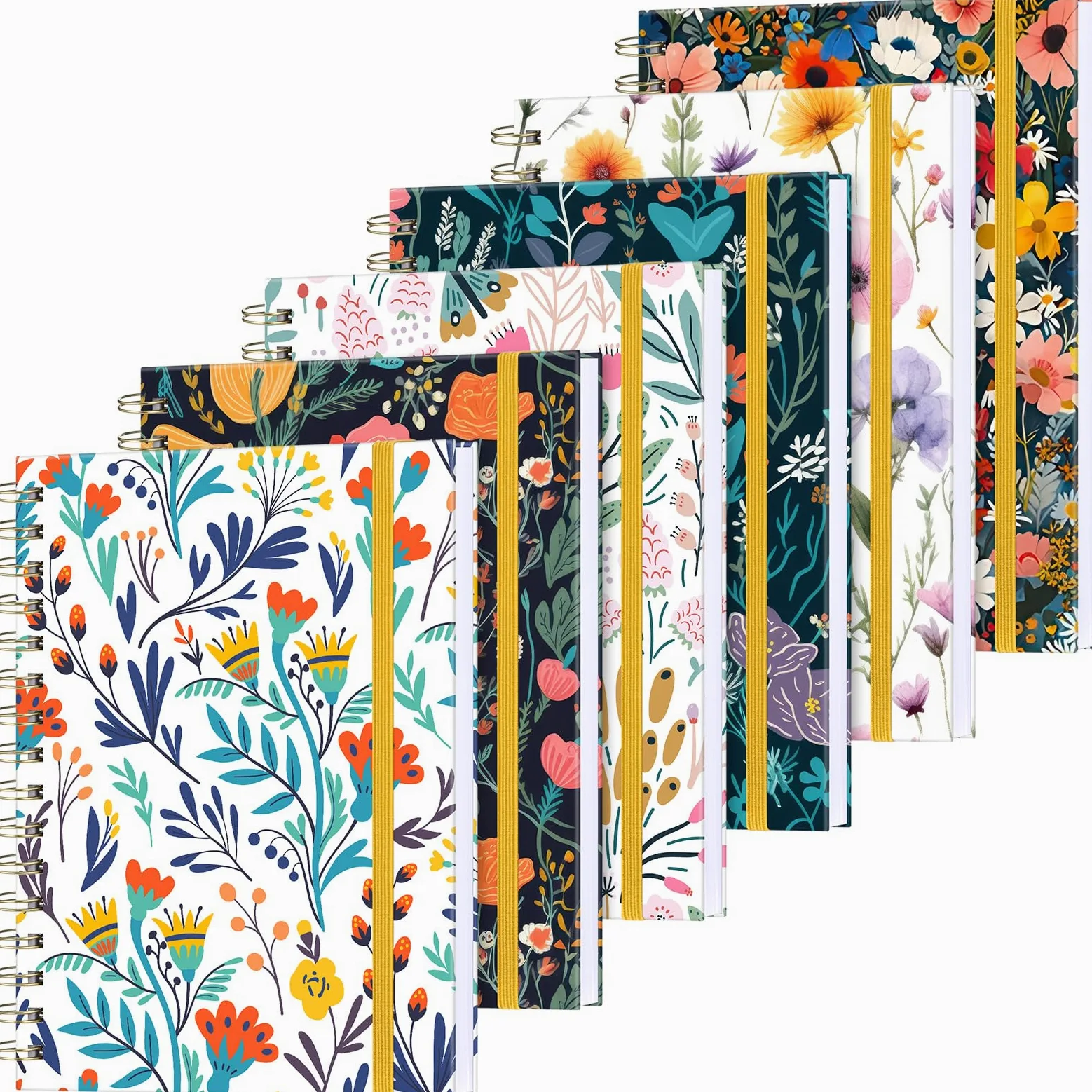 Resurhang Confezione da 6 quaderni a spirale, formato A5, con copertina rigida a righe, da donna, con 2 tasche, stile vintage, floreale, a righe, 160 pagine e 80 fogli, per lavoro, scuola, ufficio