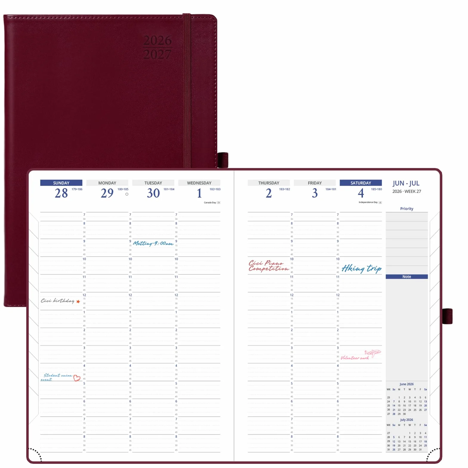 POPRUN Agenda 2026-2027, 21 cm x 29,84 cm, settimanale e mensile | Luglio 2026 – giugno 2027, agenda oraria e agenda appuntamenti da 15 minuti, linguette mensili, tasca interna, bordeaux