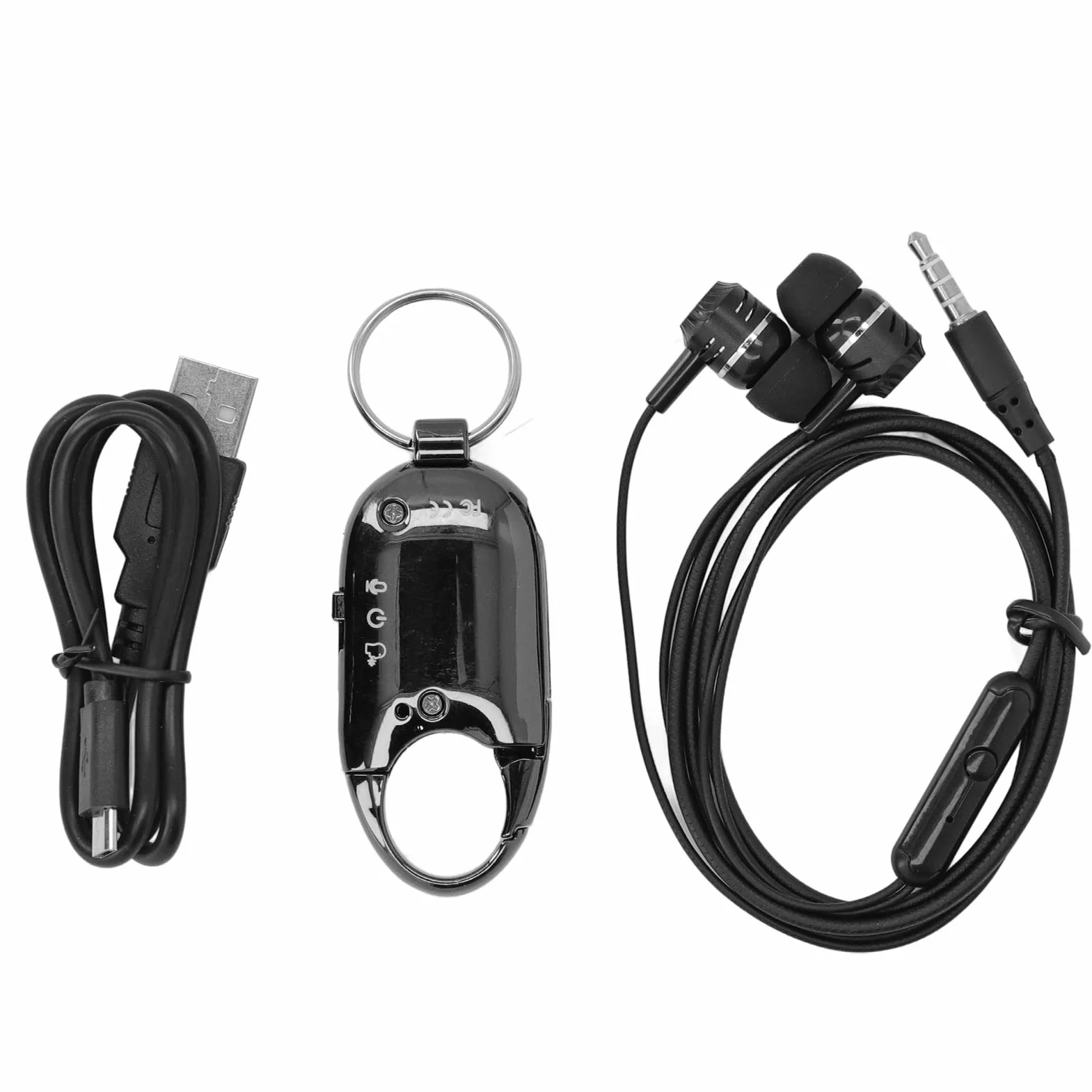 Portachiavi registratore audio in lega di alluminio con memoria interna da 16 GB, tempo di registrazione continua di 15 ore e modalità di attivazione vocale, formato WAV, (Nera)