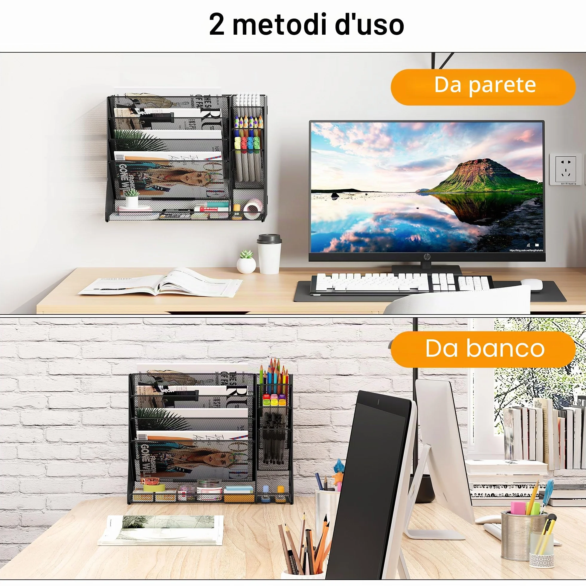 TQVAI 5 Ripiani Organizer Documenti Parete con 3 Scomparti Porta Penne Organizer Scrivania Metallo Portariviste Parete Scaffale per Documenti A4 Organizzatore Ufficio Casa, Nero