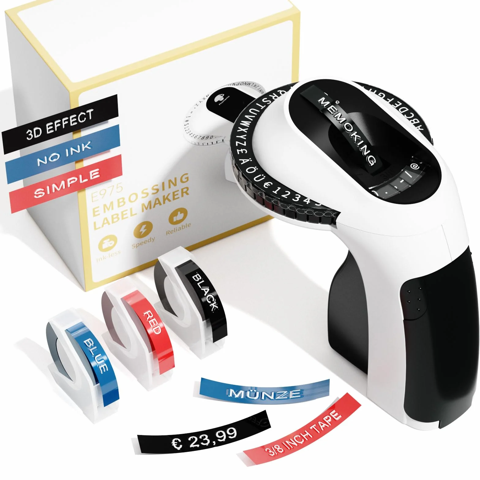 Memoking E975 3D Embossed Label Maker Machine Etichettatrice a Rilievo Adesiva con 3 nastri