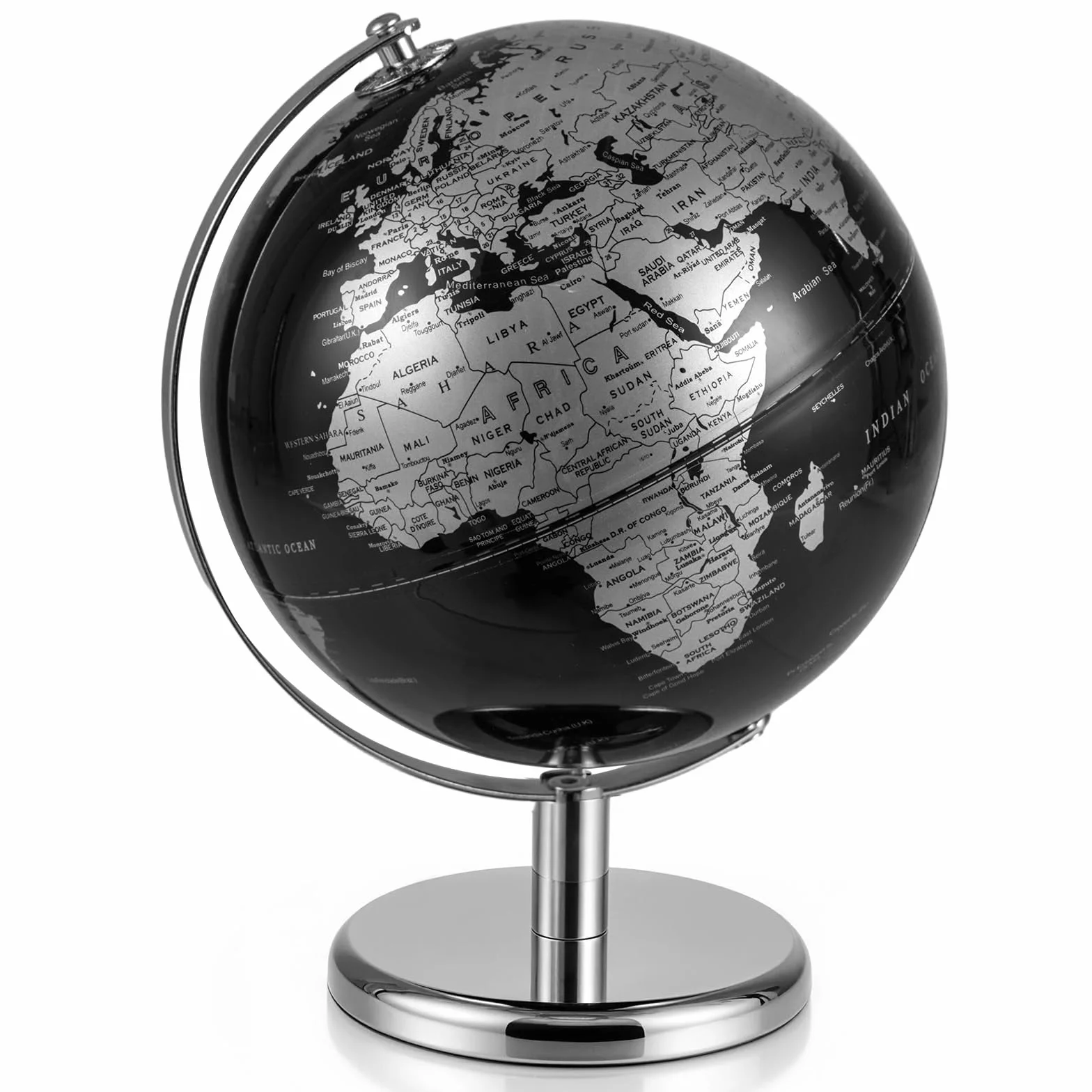 LIFEZEAL Globo antico da 20 cm, con base in metallo argentato, sfera del mondo per studenti e adulti, decorazione per aule, casa, ufficio (argento)