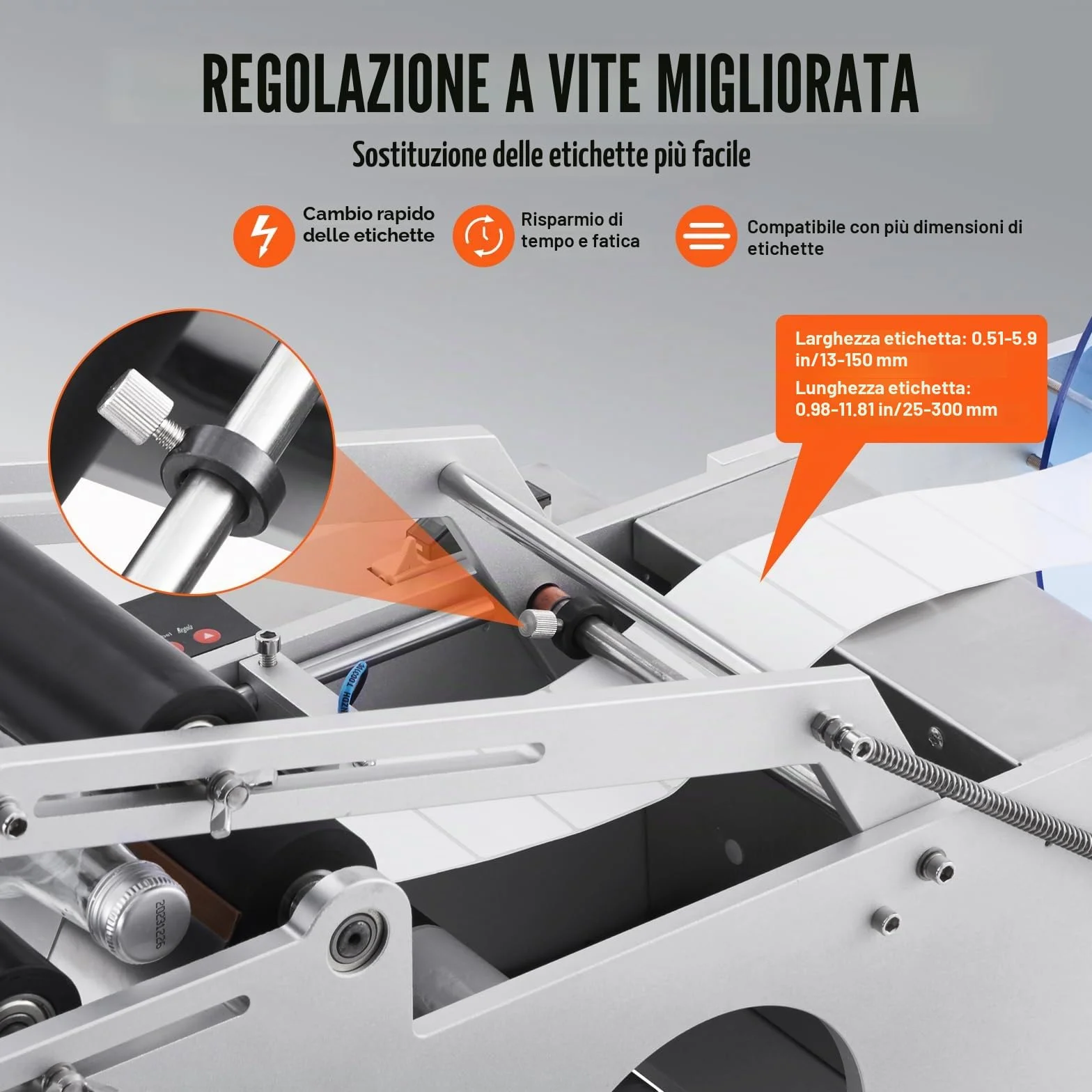VEVOR Etichettatrice Semiautomatica per Bottiglia Rotonda, 20-50Pezzi/min, Applicatore di Etichette, Etichettatrice Regolabile Adatta per Bottiglie Larghezza Etichetta tra 13-150mm Lunghezza 25-300mm