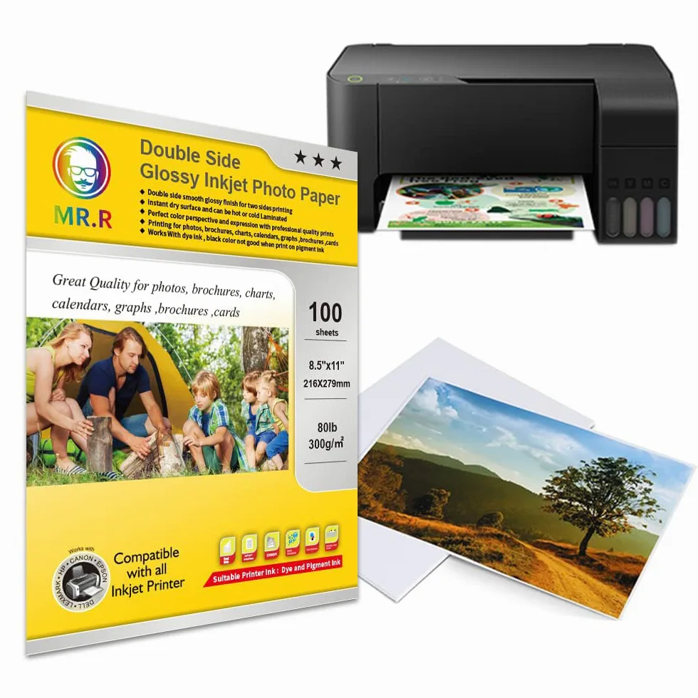 MR.R Carta fotografica a getto d'inchiostro lucida a doppio lato, 21,6 x 28 cm (dimensione lettera) con 100 fogli per confezione, 36,3 kg - 300 g/m²