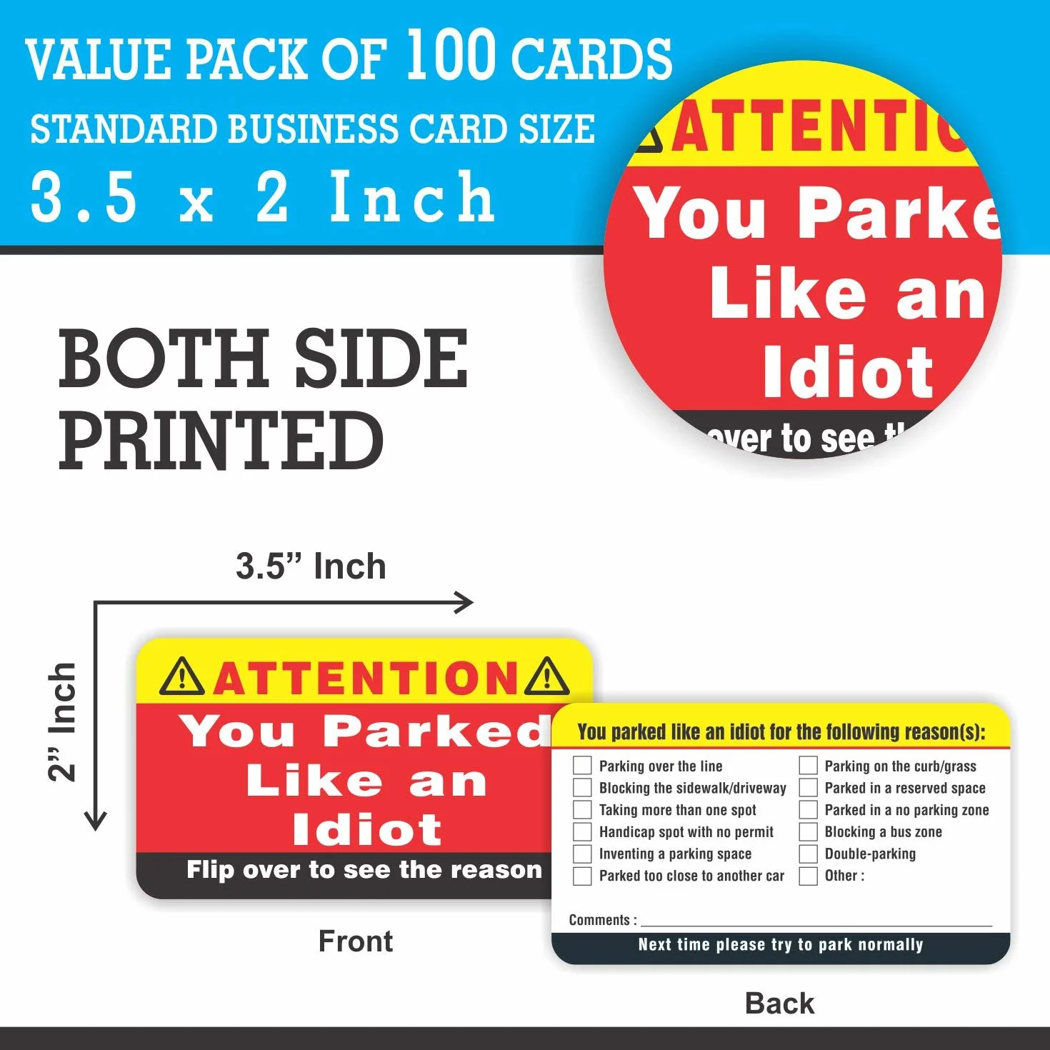 PARTH iMPEX You Parked Like an Idiot Business Cards 100 Pack Bad Parking Cards 3.5x2 Multi Reasons Violation