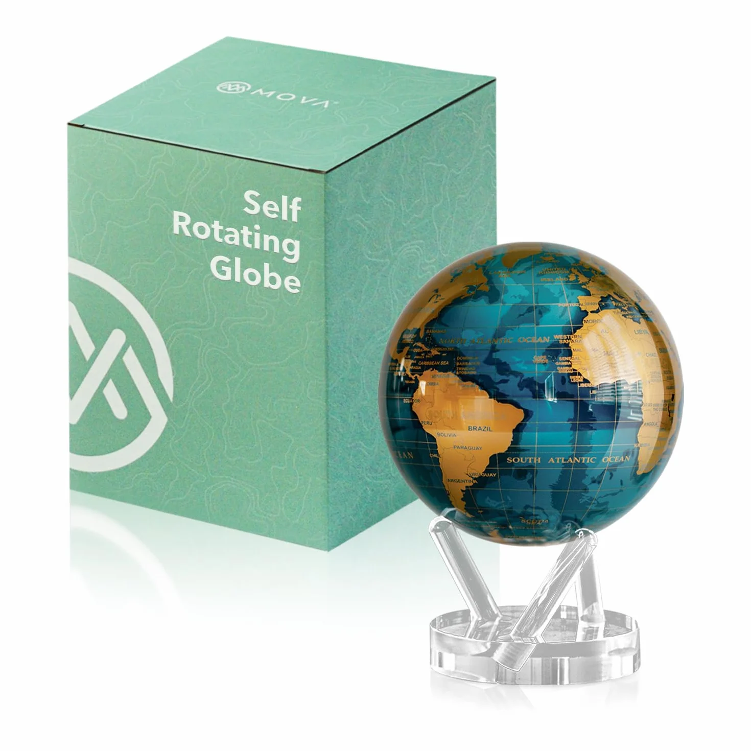 MOVA Globes Blu Ceruleo e Oro Signature (6") | Mappamondo Auto-Rotante a Energia Luminosa |Silenzioso, Senza Batterie né Fili |Decorazione da Scrivania o Idea Regalo Globo Spazio