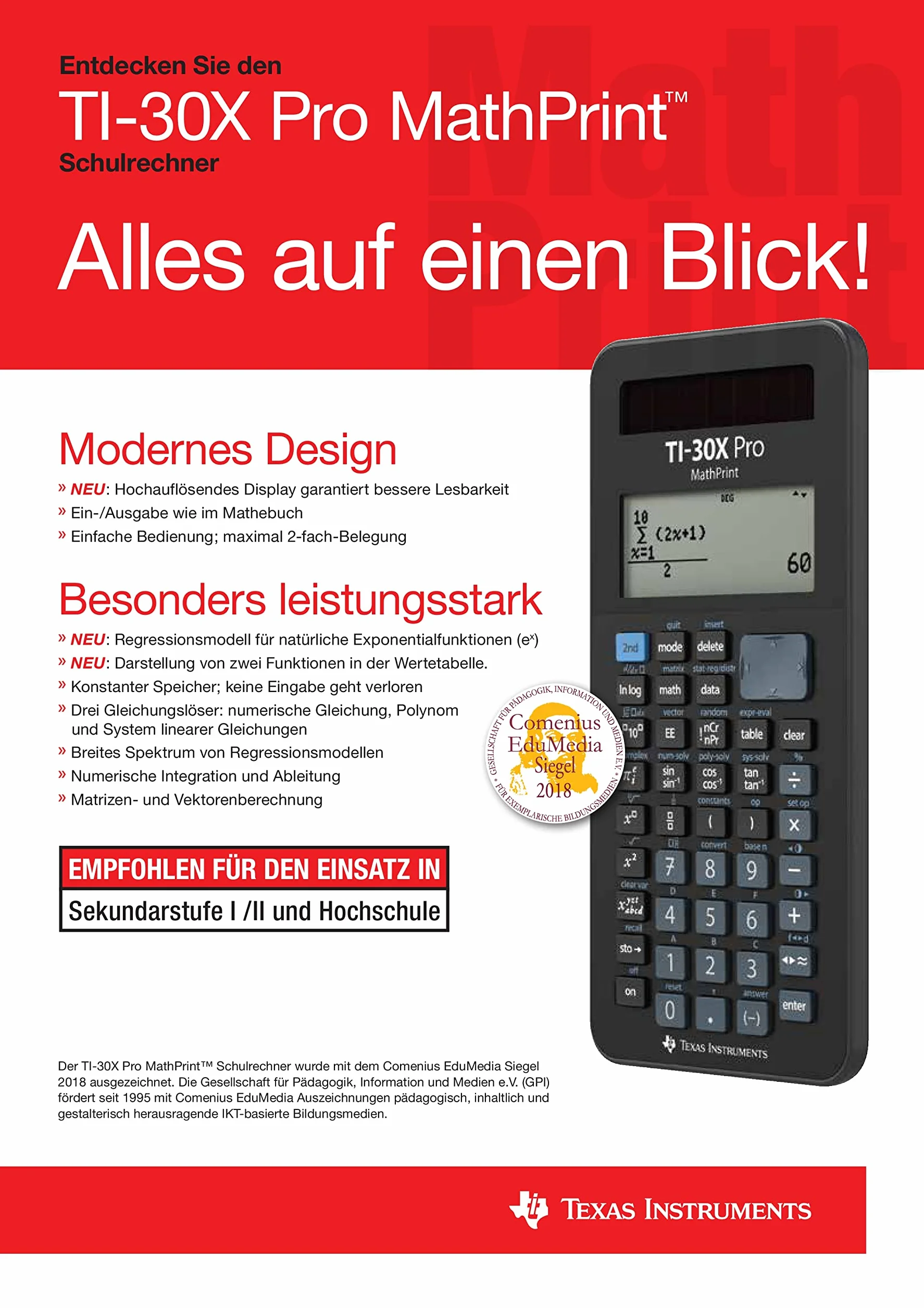 TEXAS INSTRUMENTS TI-30X Pro Mathprint - Calcolatrice scolastica (display ad alta risoluzione a 4 righe, funzionamento solare e a batteria) nero